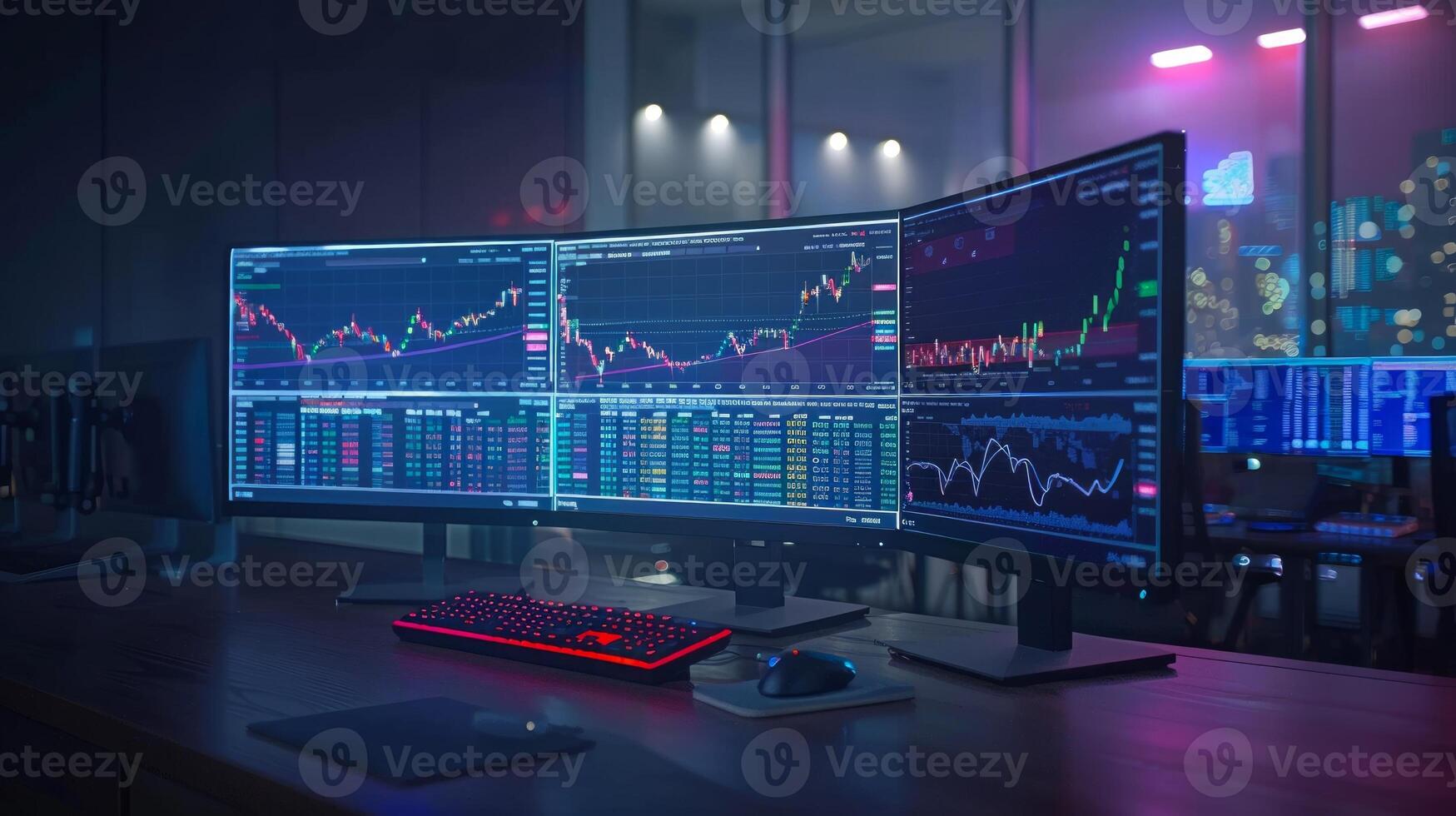 Trading graphs on computer monitors in a high-tech office. Multiple screen trading station with financial data. Concept of market analysis, finance professionals, trading strategies, and fintech photo