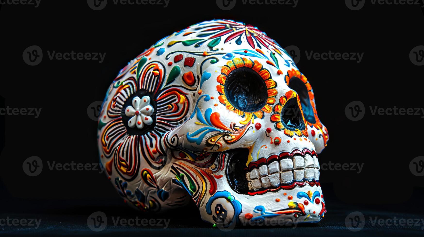 Colorful sugar skull with floral patterns isolated on black background. Vibrant calavera with flower designs. Concept of Day of the Dead, Mexican culture, traditional crafts, Halloween photo