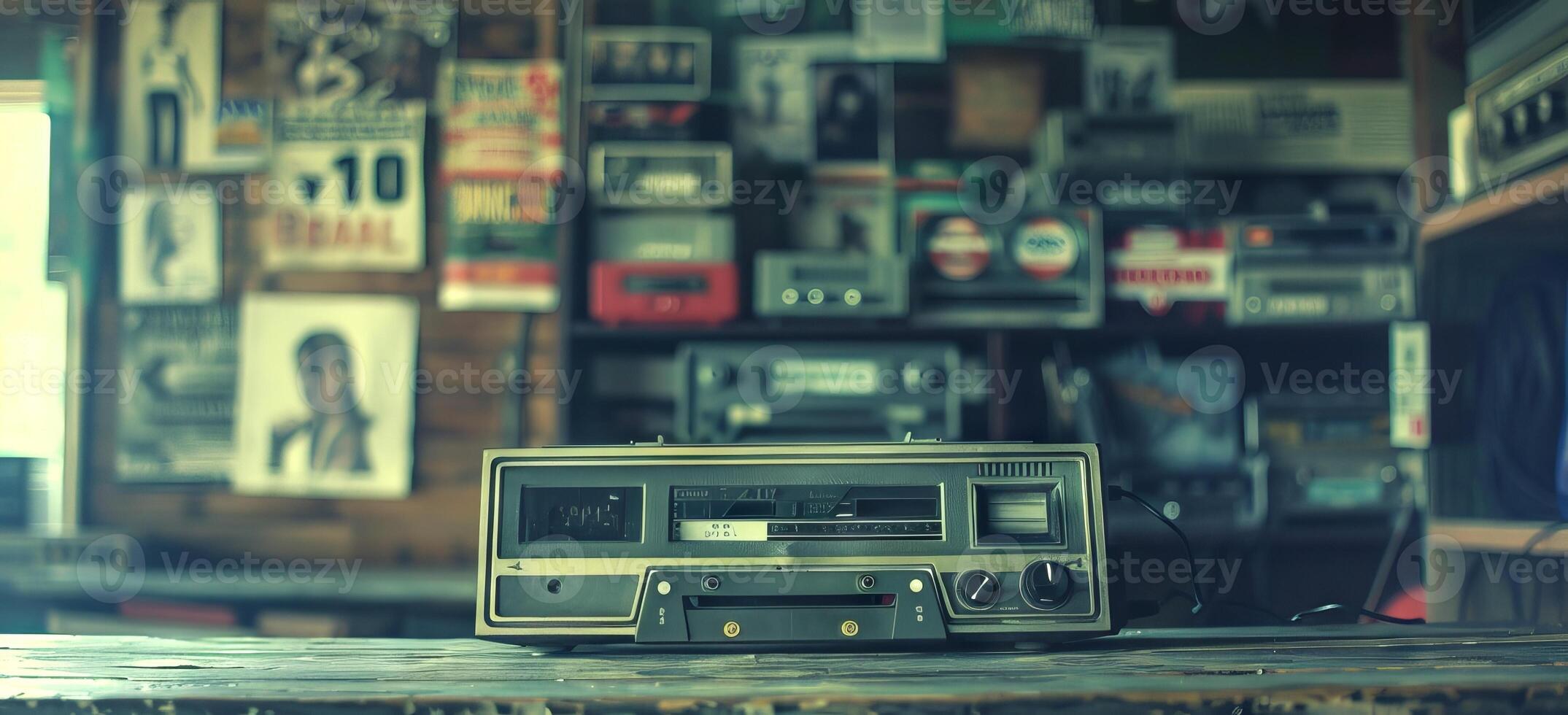 Vintage Radio Cassette Player on Wooden Surface in Retro Setting. Concept of retro cassette tape player, music memorabilia, historical soundtracks, and cultural nostalgia photo