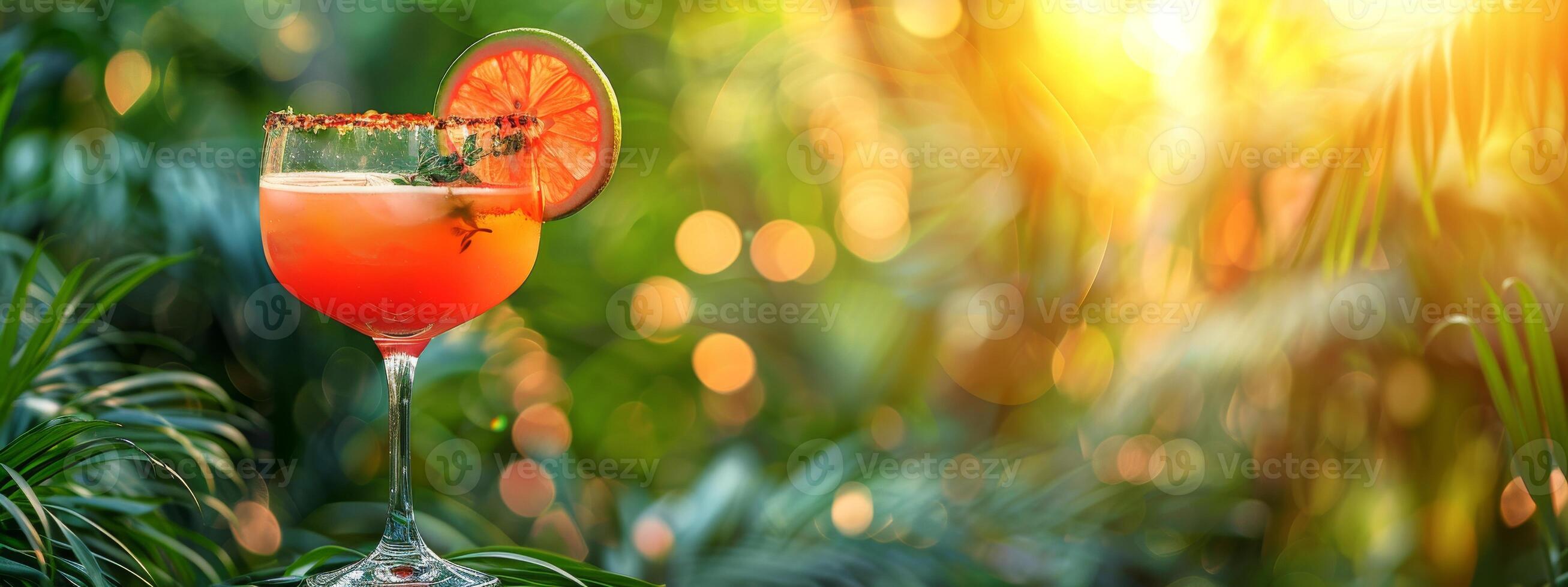 Refreshing tropical cocktail against blurred tropical green backdrop. Vibrant drink in natural setting. Concept of summer drinks, refreshing beverages, exotic cocktails, leisure. Banner. Copy space photo