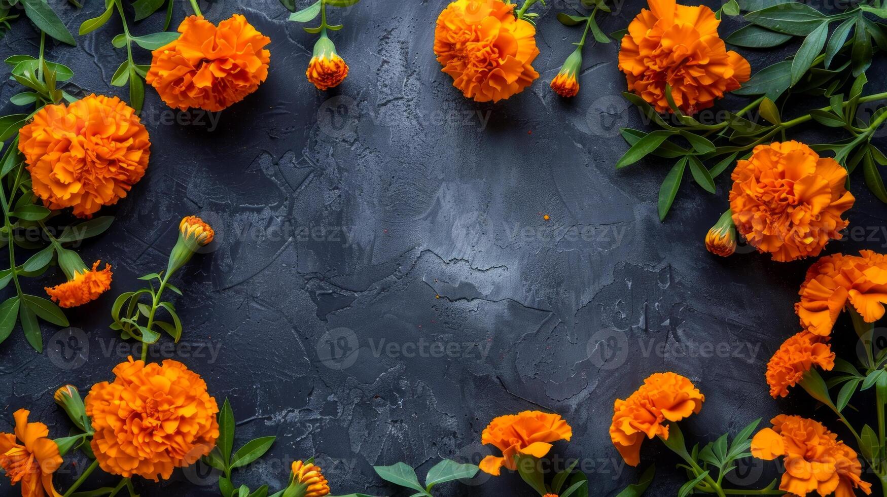 Marigold flowers on dark textured background. Copy space. Concept of floral arrangement, nature beauty, botanical design. Day of the Dead, Dia de los Muertos celebration. Greeting card photo