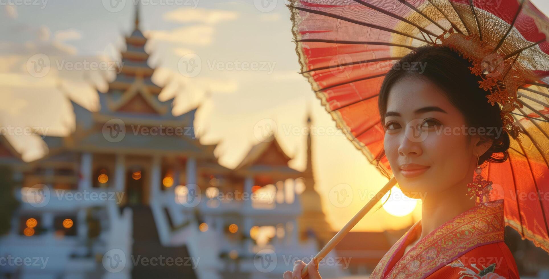 Thai woman in traditional attire at historic temple. Beautiful lady with red umbrella in cultural dress. Welcome to Thailand banner. Copy space. Concept of Thai culture, tourism, tradition photo