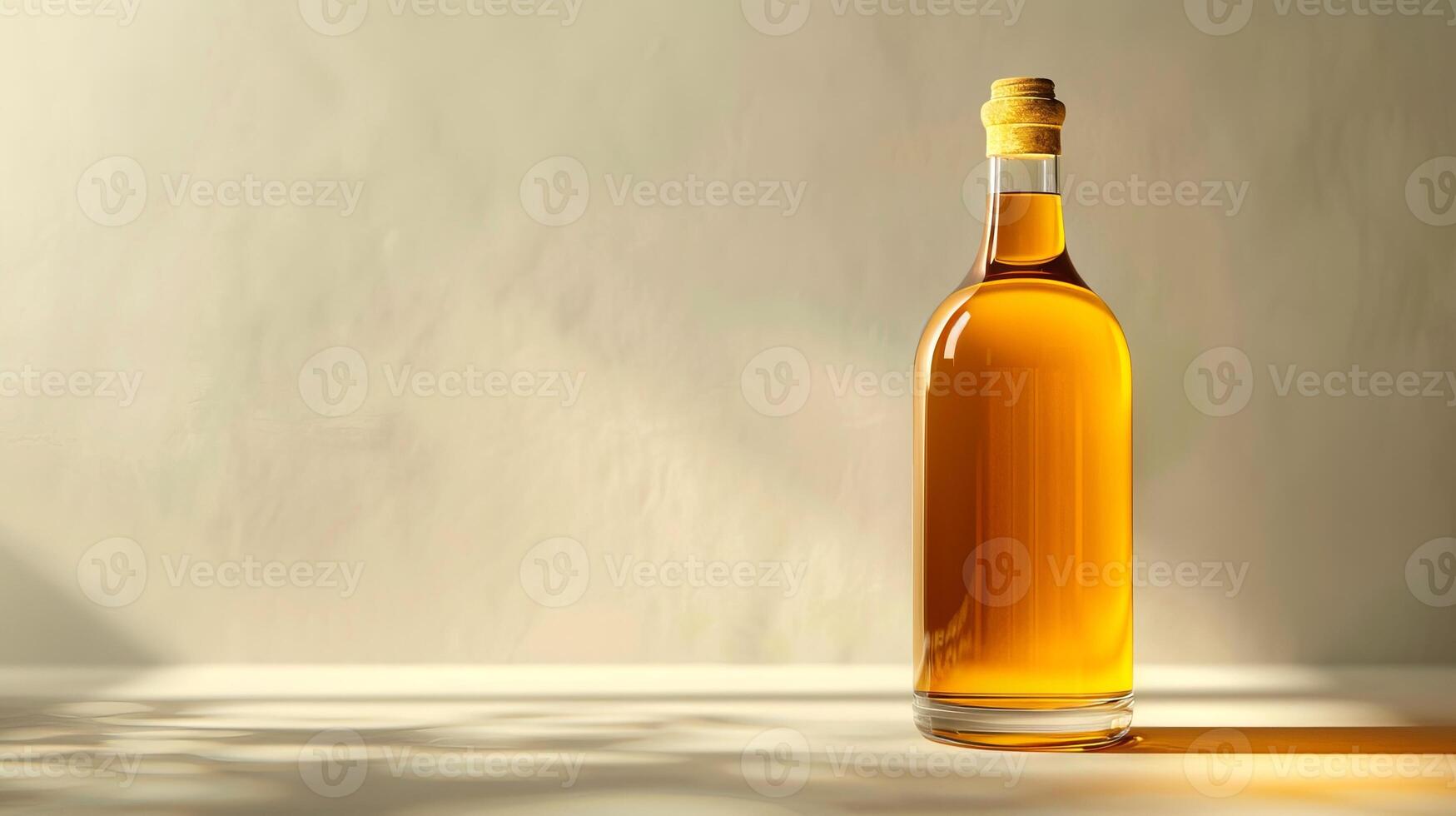 Glass bottle with cork filled with amber liquid on a light background. Beverage container, alcohol, spirits, bottle craftsmanship concept. Mockup. Copy space photo
