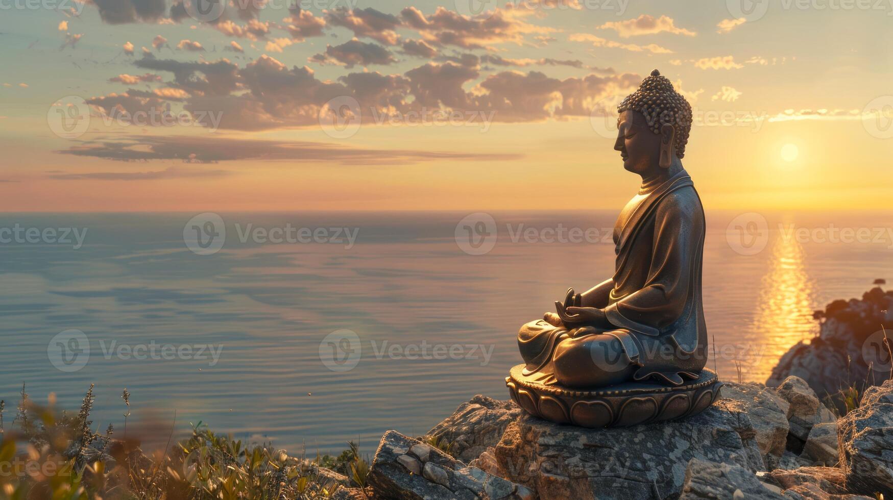 Buddha statue in lotus position in a natural setting. Buddhist sculpture in serene landscape. Concept of Buddhism, Zen, meditation, religion, spiritual awakening. Copy space photo