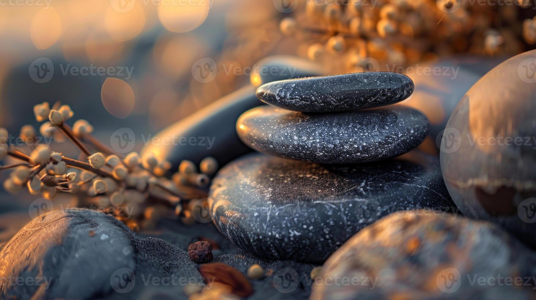 Zen stones balanced with soft golden light and small buds in a tranquil setting. Perfect for themes of meditation and natural harmony. Concept of peace, balance, and soothing environments. photo