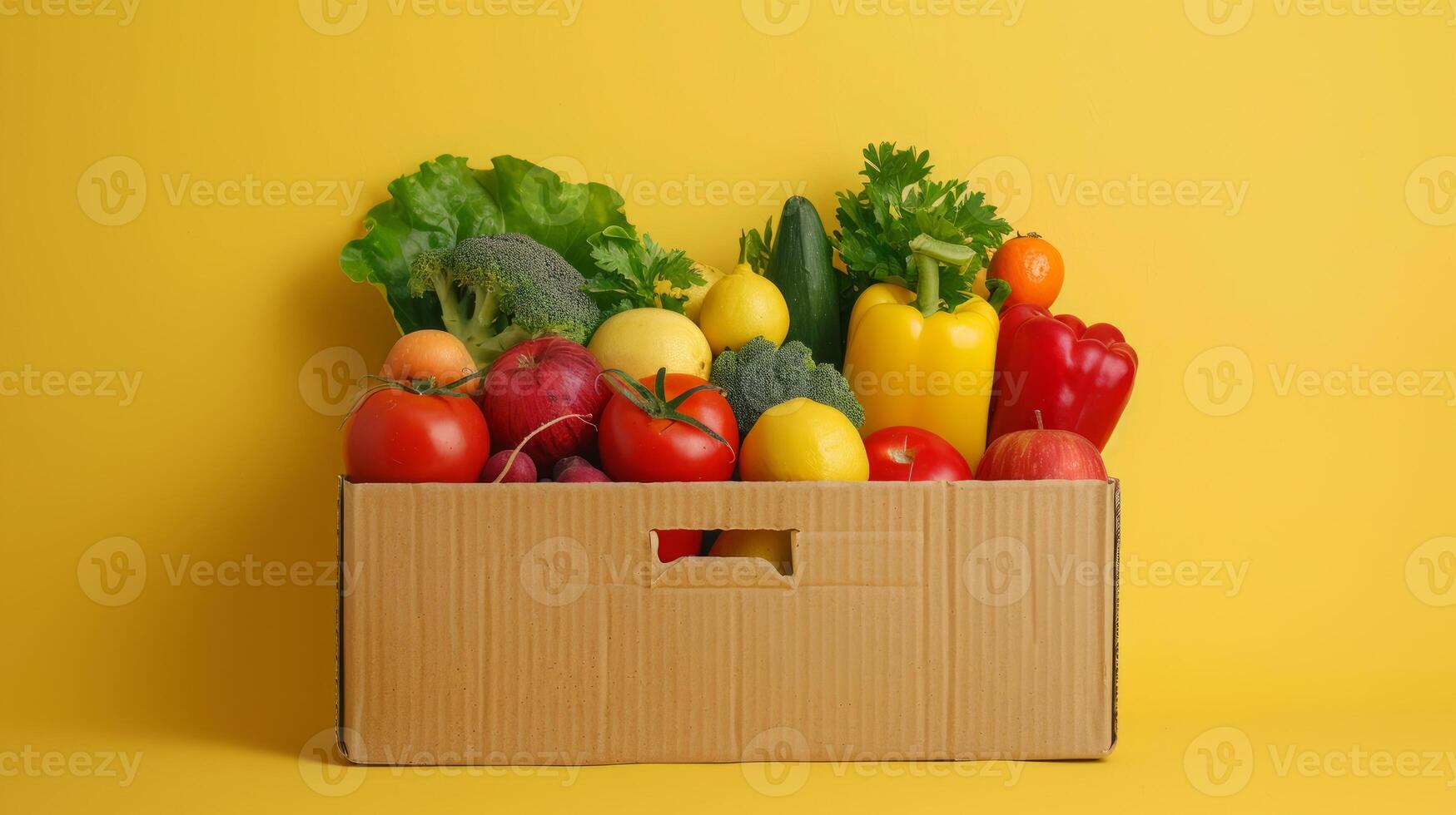Box of fresh vegetables and fruits on a yellow background. Cardboard box filled with colorful produce. Healthy eating, grocery delivery, fresh food concept photo