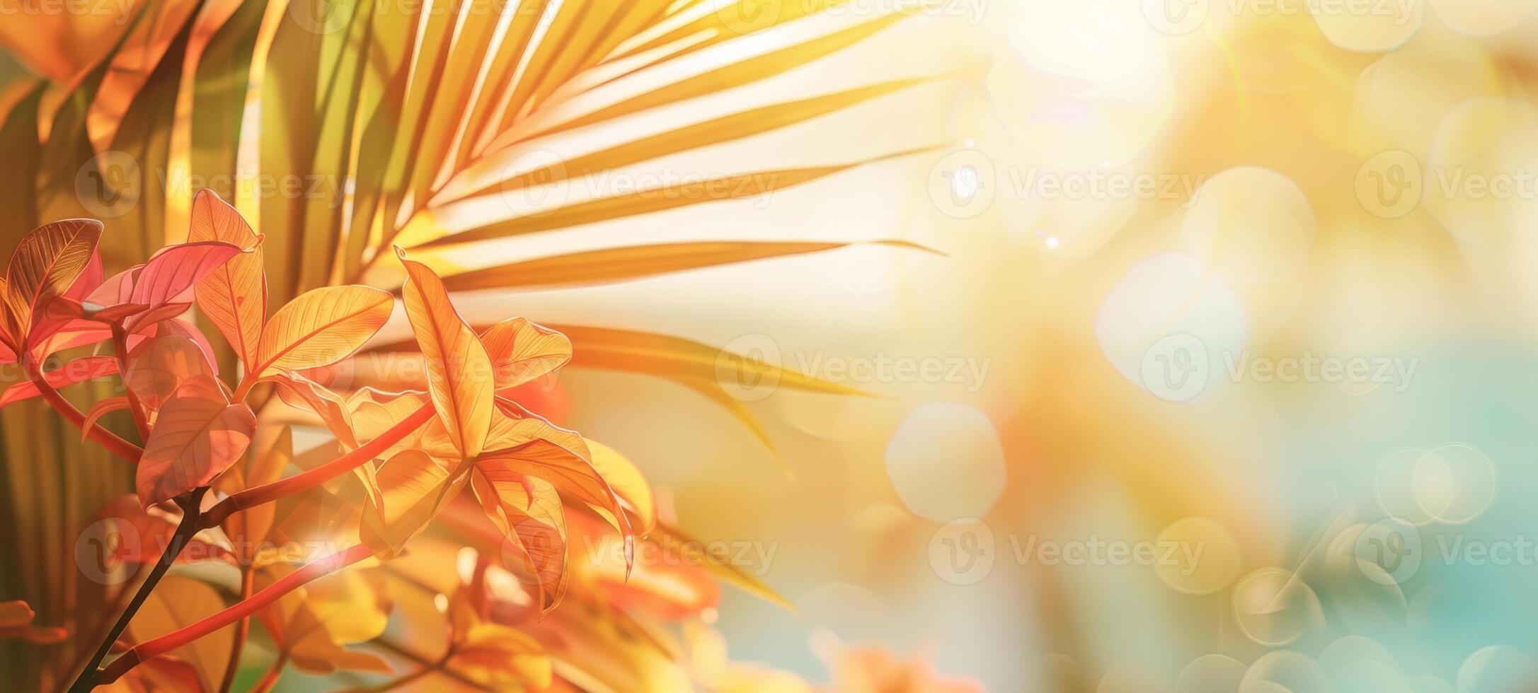 Bright summer tropical background with colorful palm leaves and bokeh effect. Trendy botanical wallpaper with soft colors. Festive mood. Summer vibes. Wide banner. Space for text. Mockup for design photo