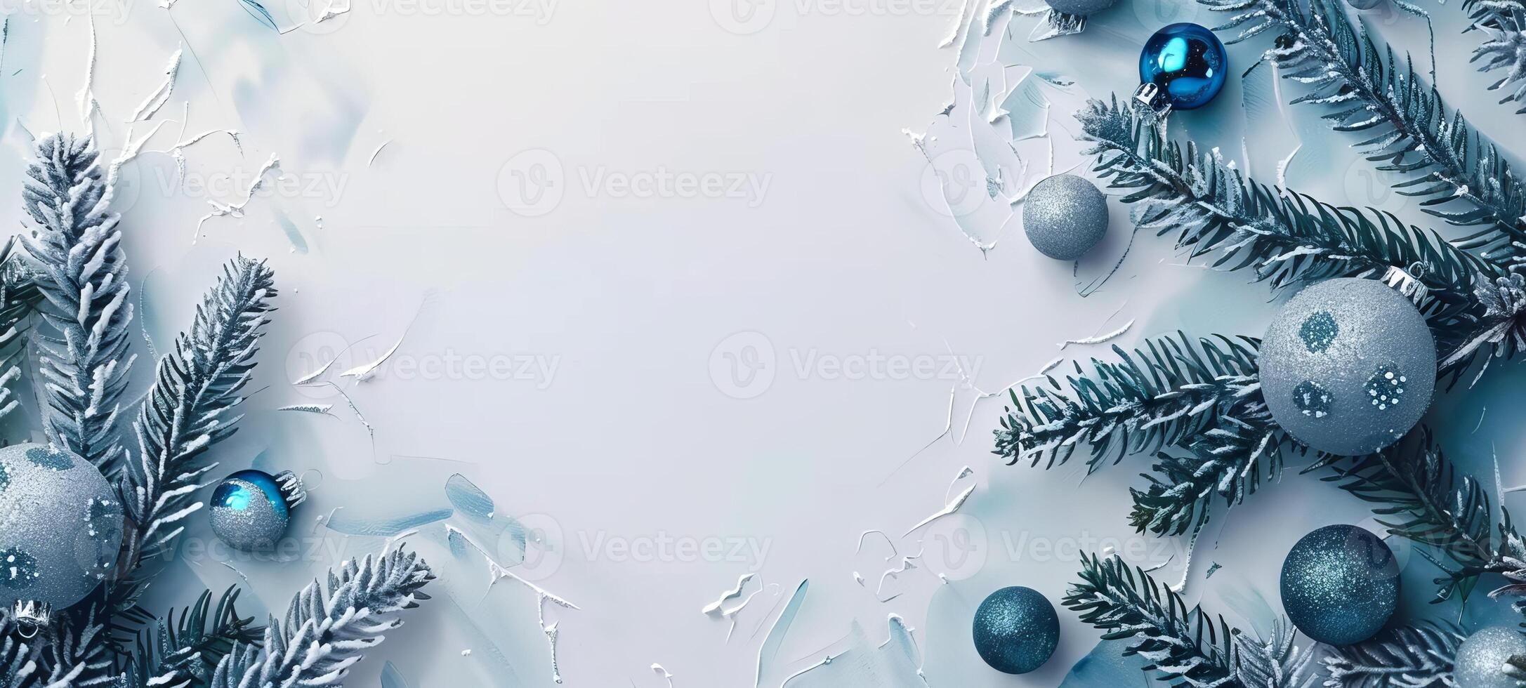 Festive Christmas ornament with pine branches and baubles on icy blue background. Concept of holiday decoration, winter celebration, Christmas decor, design. Banner. Copy space. Greeting card photo