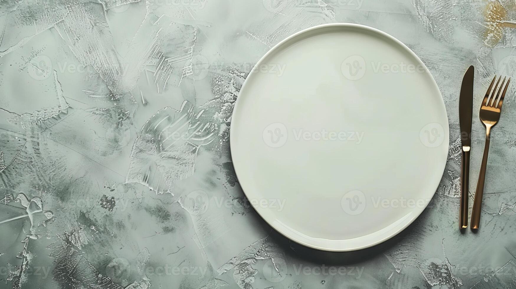 White dinner plate with golden cutlery on a textured gray background. Concept of dining, culinary arts, table setting, minimalism. Copy space photo