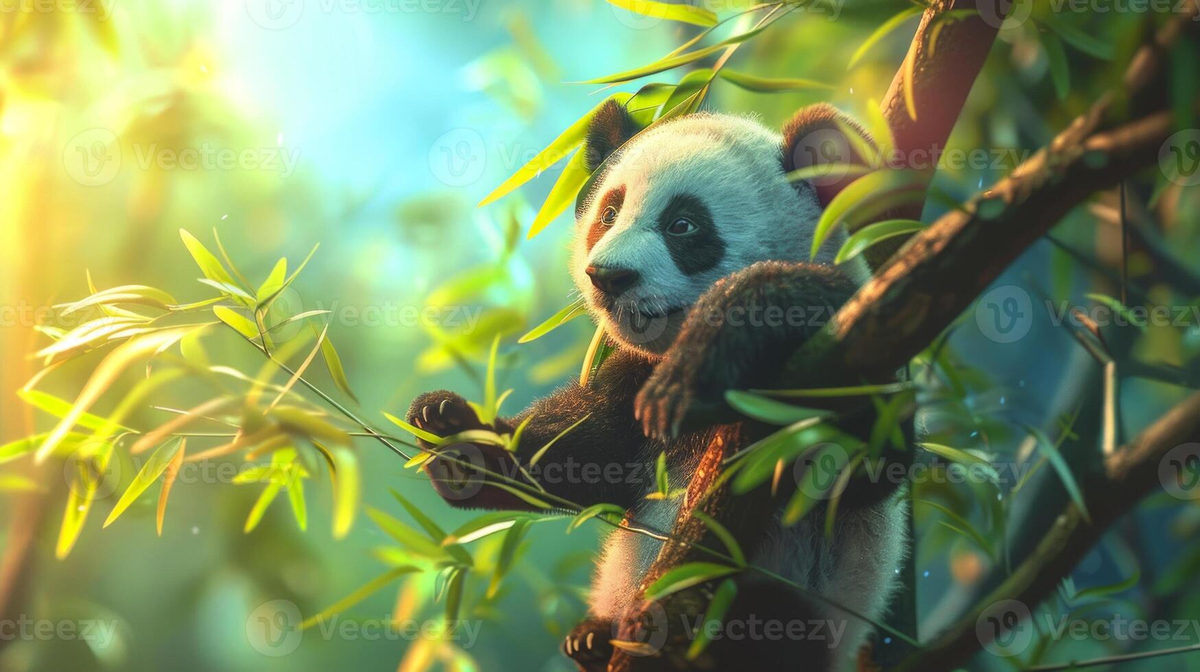 Giant panda cub playing in bamboo forest. Concept of wildlife, nature, panda bear, animal behavior. photo