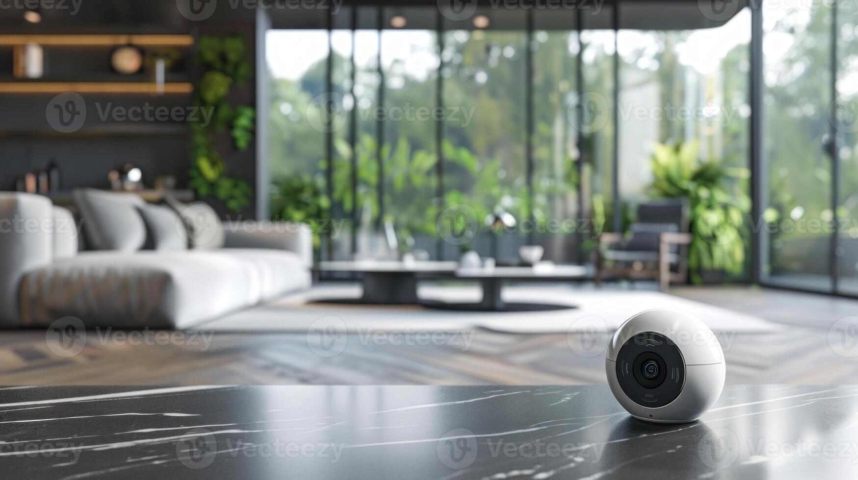 Modern living room with smart security camera on a marble surface. Home surveillance technology. Concept of safety, smart home, interior design, contemporary lifestyle photo