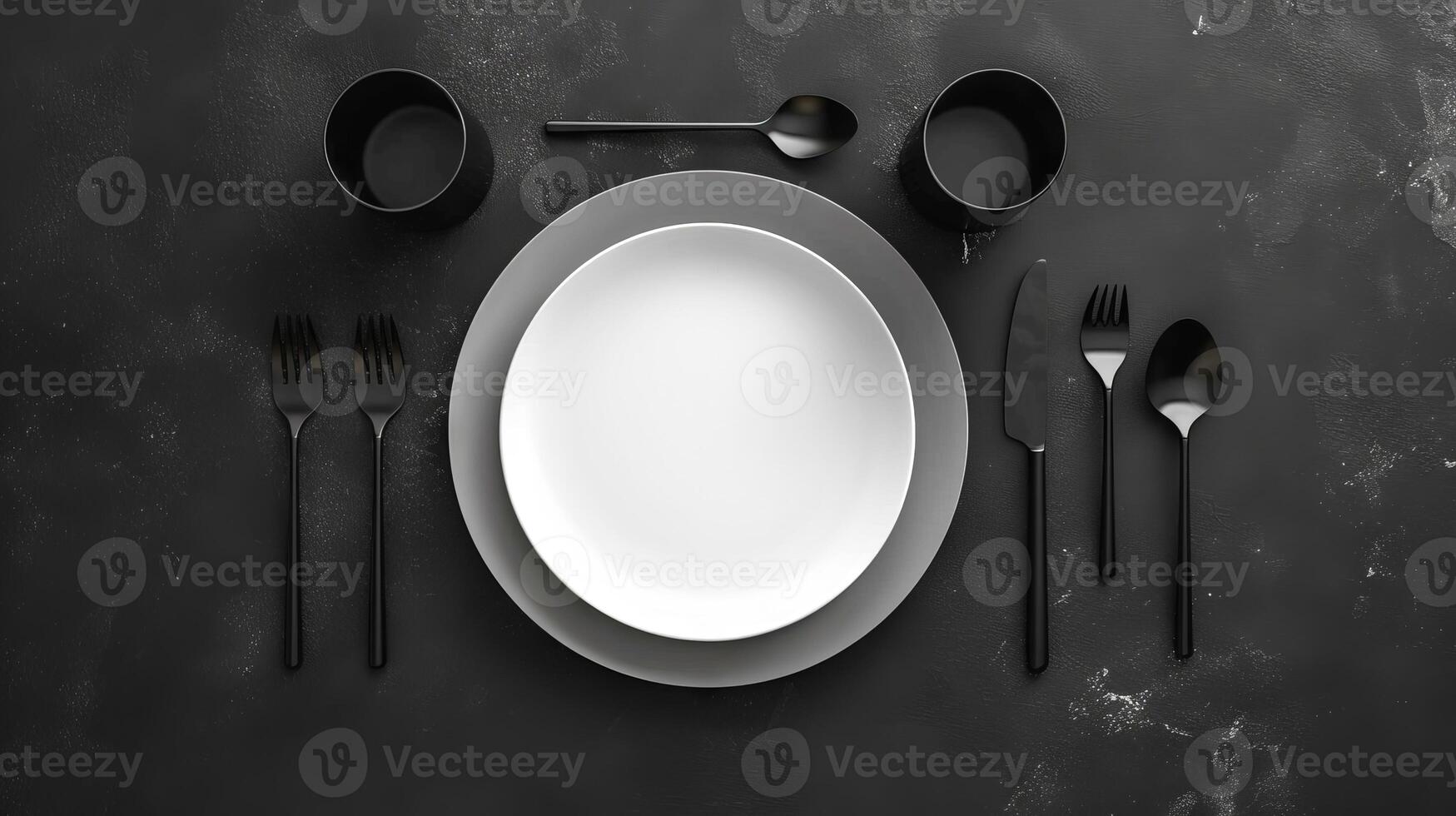 Elegant table setting with black cutlery and empty white plates on a dark background. Concept of modern dining, culinary design, minimalist aesthetics, sophisticated tableware. Mockup photo