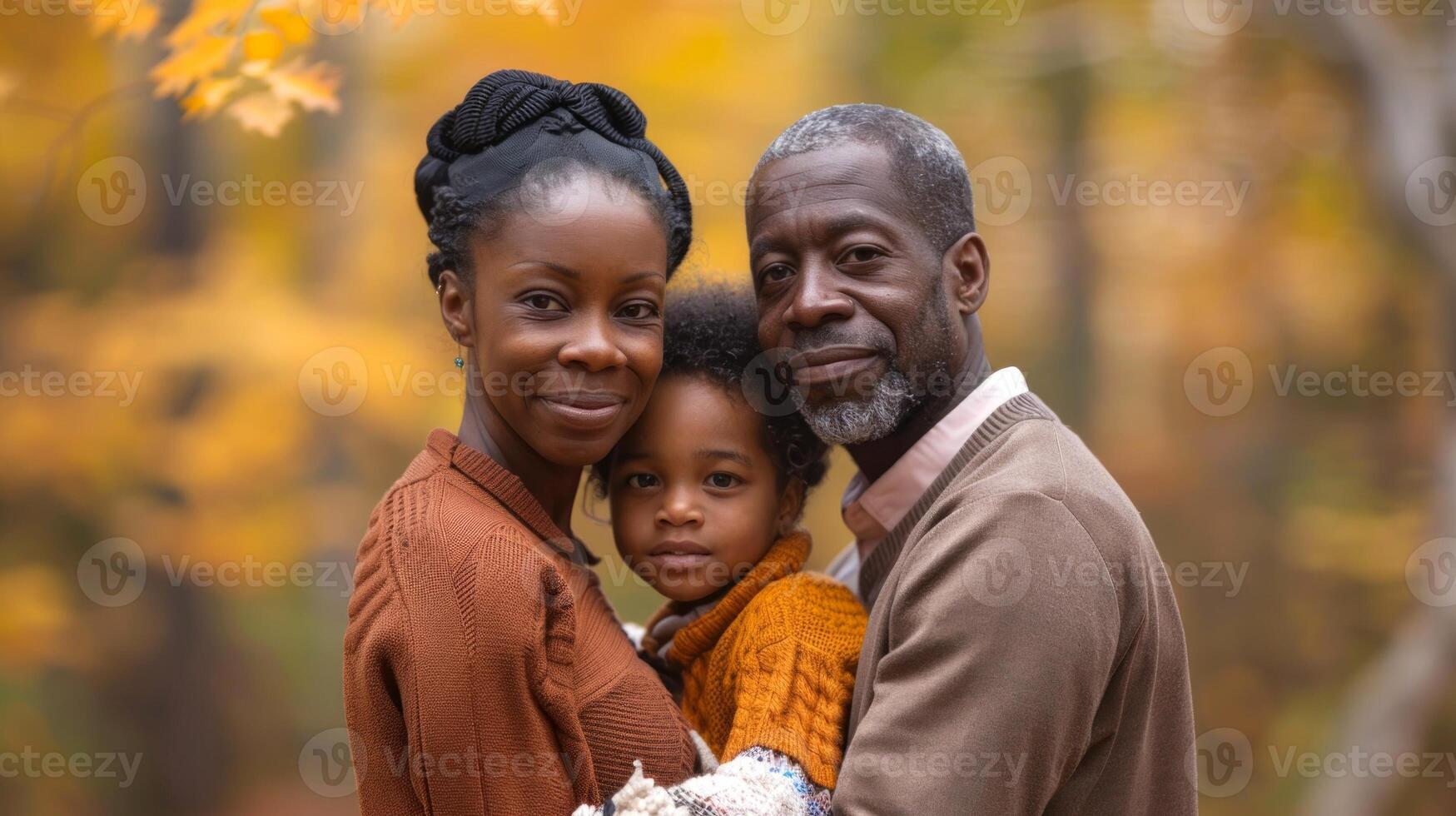 African American family in autumn park. Happy black parents and child in fall scenery. Concept of family bonding, nature, seasonal beauty photo