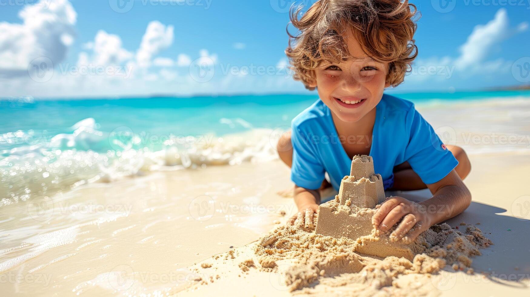Little Caucasian kid boy building a sandcastle on a sunny beach. Child enjoying playful sand activities. Concept of childhood, summer activities, beach fun, and creativity photo