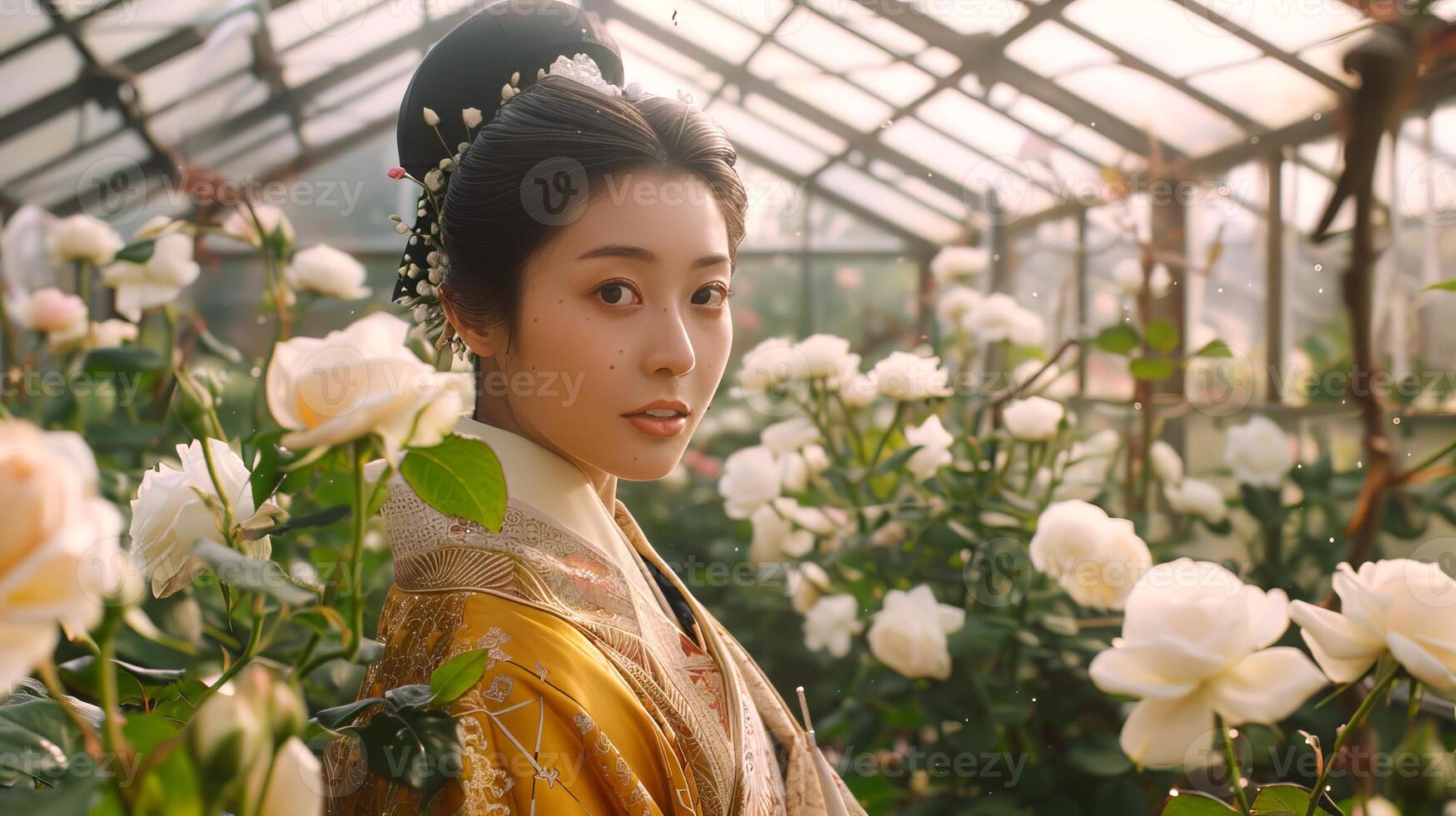 Asian woman in traditional red dress amidst blooming flowers in a greenhouse. Concept of culture, tradition, beauty, nature, gardening photo