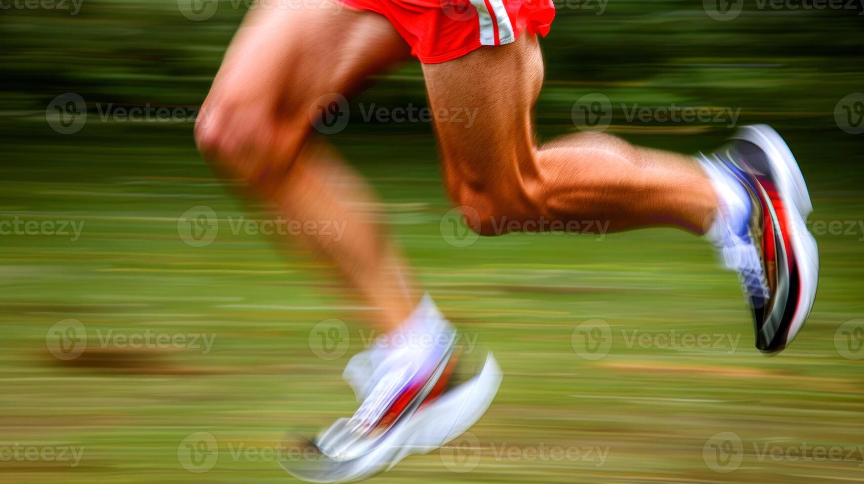 Legs of runner in motion with blurred background. Athlete's legs running. Concept of sports, speed, fitness, and athletic performance photo