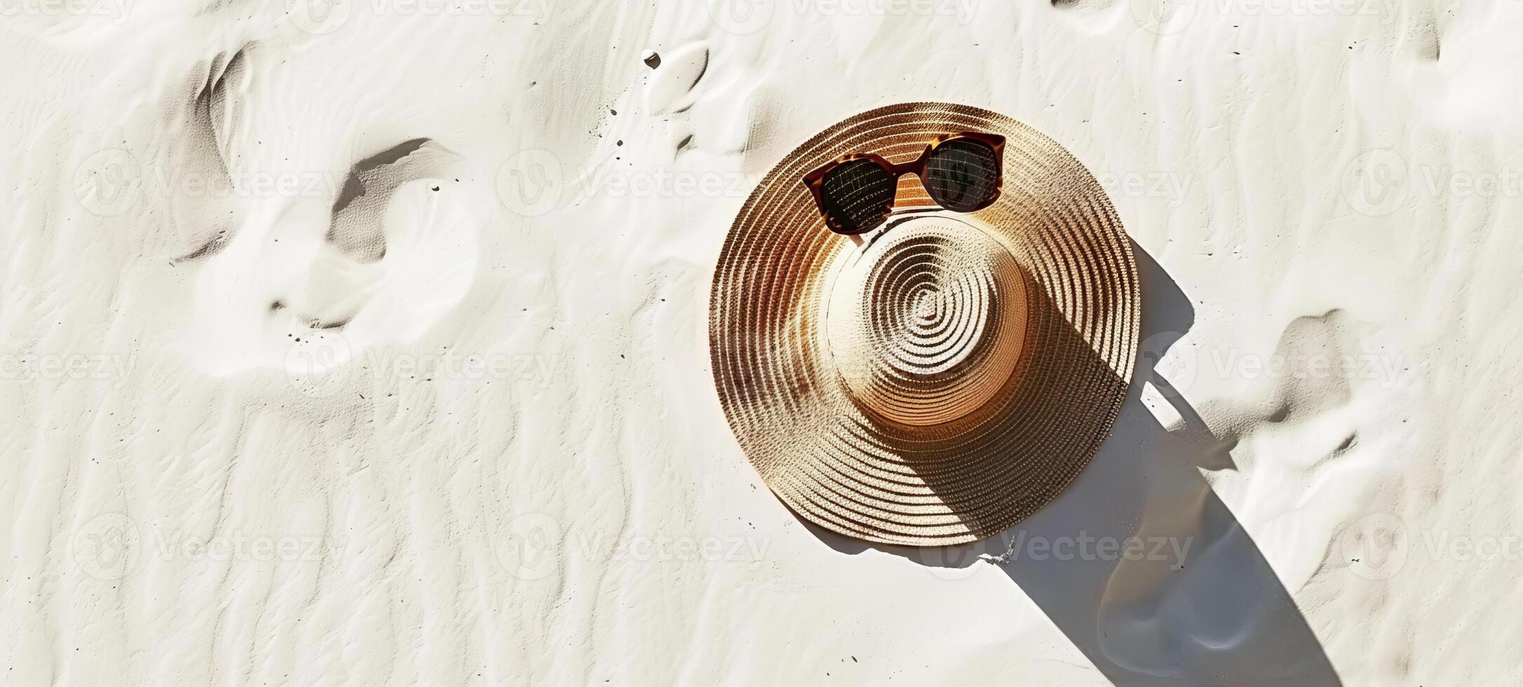 Straw hat and sunglasses on sandy shore. Essential items for a beach vacation. Concept of coastal living, serenity, and sun protection. Copy space. Banner photo