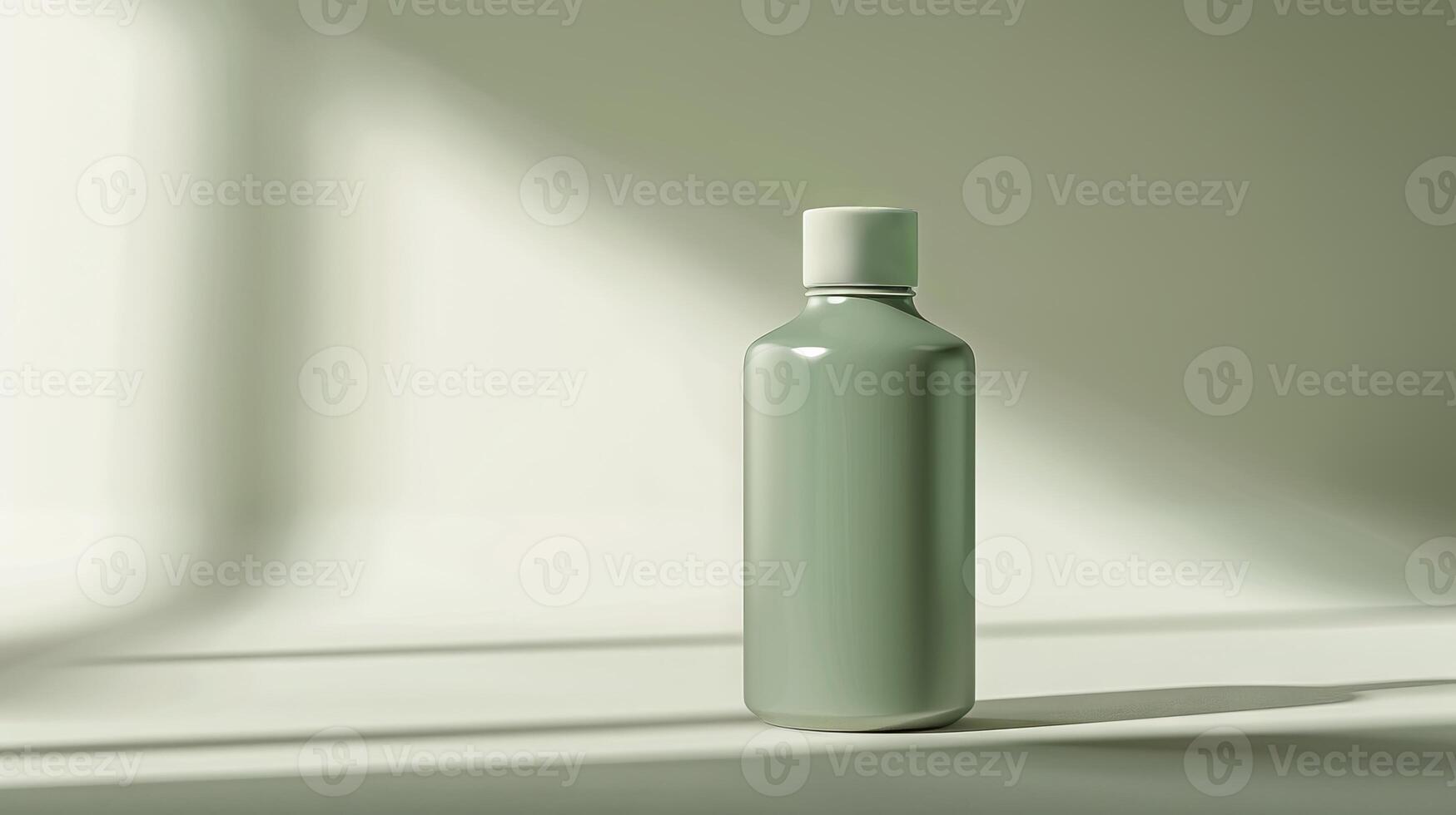 Minimalist green bottle with white cap in sunlit setting. Product, simplicity, design, packaging concept. Mockup. Copy space photo
