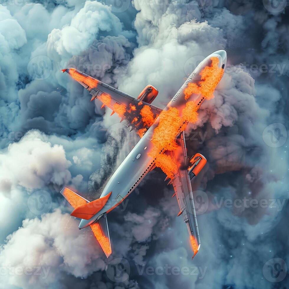 Airplane engulfed in flames descending in cloudy sky. Aircraft on fire falling through the clouds. Concept of aviation accident, emergency situation, danger. Burning plane photo