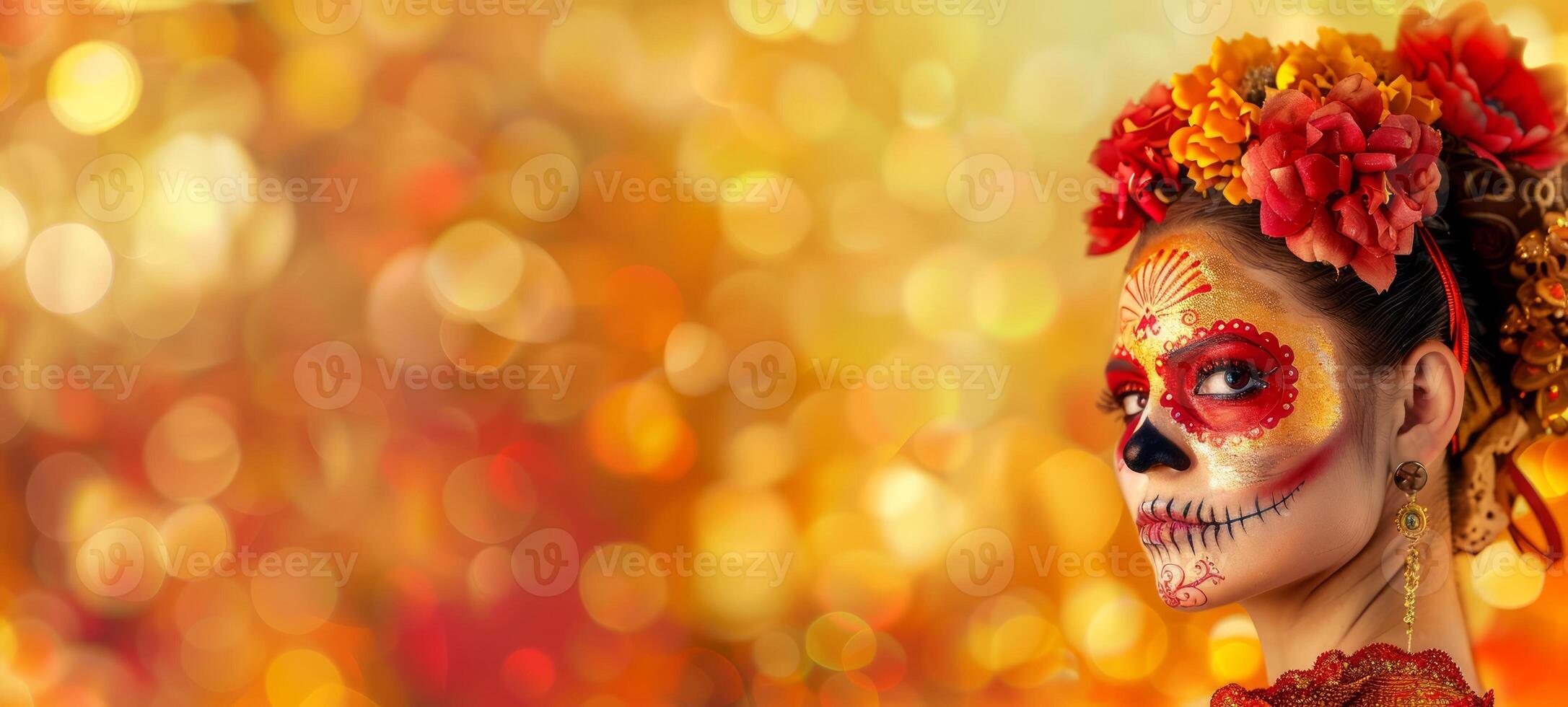 Mexican woman with Day of the Dead skull makeup. Lady with Dia de los Muertos face paint. Concept of Mexican culture, holiday celebration, traditional festival, Halloween. Copy space photo