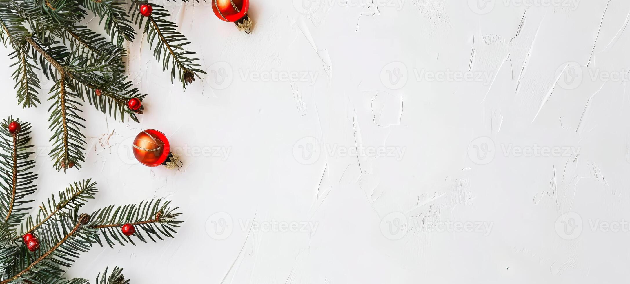 Sparkling red Christmas ornaments with pine branches and pine cones on a white background. Concept of holiday decoration, festive season, winter celebration, Christmas design. Banner. Copy space photo