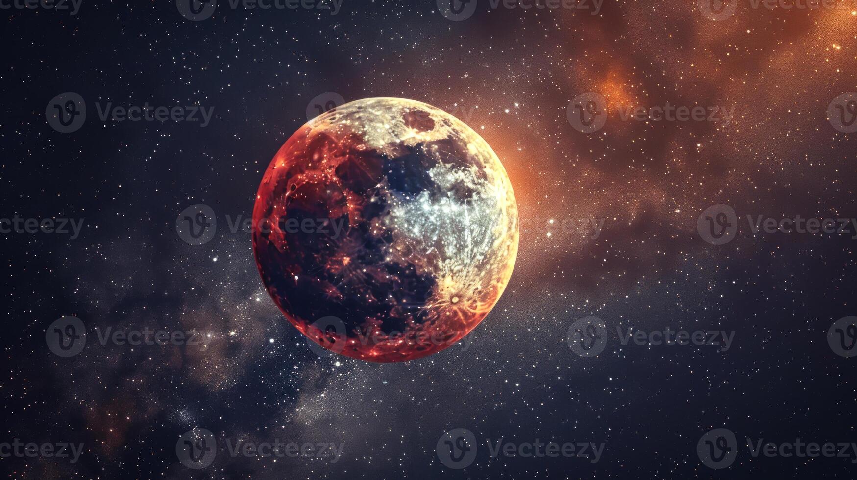 Red moon glowing in a starry sky. Crimson lunar surface amidst stars. Concept of space, astronomy, celestial phenomena, beauty. Copy space photo