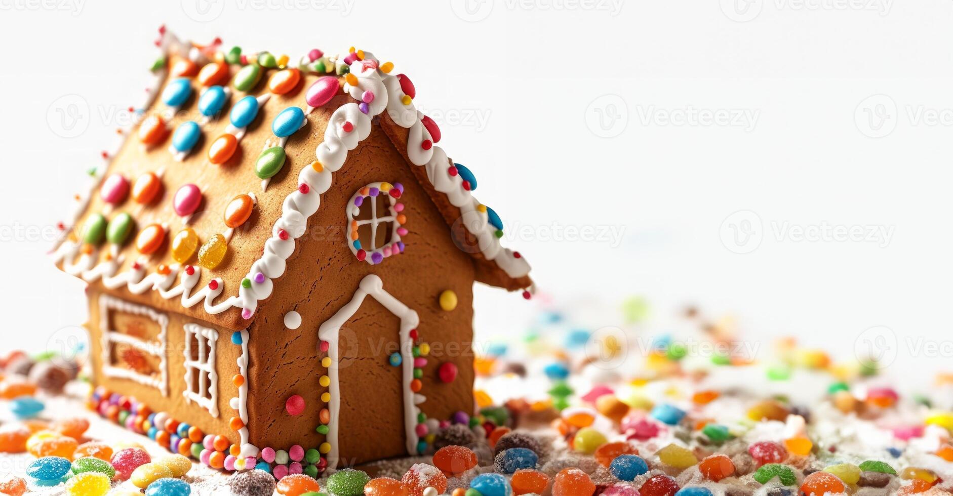 Colorful gingerbread house with candy decorations in a winter setting. Concept of holiday baking, festive treats, Christmas candy, and culinary creativity. White background photo