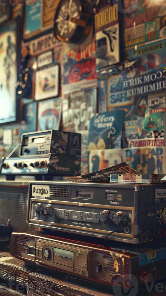 Vintage Audio Equipment and Retro Posters in a Nostalgic. Concept of retro cassette tape player, music memorabilia, historical soundtracks, and cultural nostalgia photo