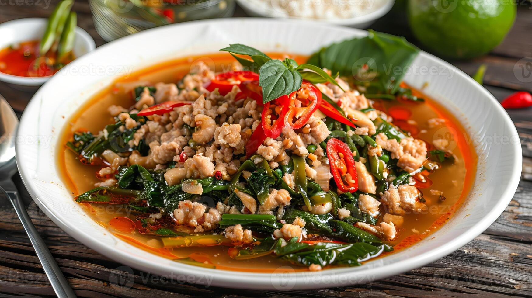 Larb Moo, traditional Thai dish, featuring minced pork, chili, fresh herbs in bowl. Thai cuisine. Concept of Asian culinary, traditional recipes, national food photo