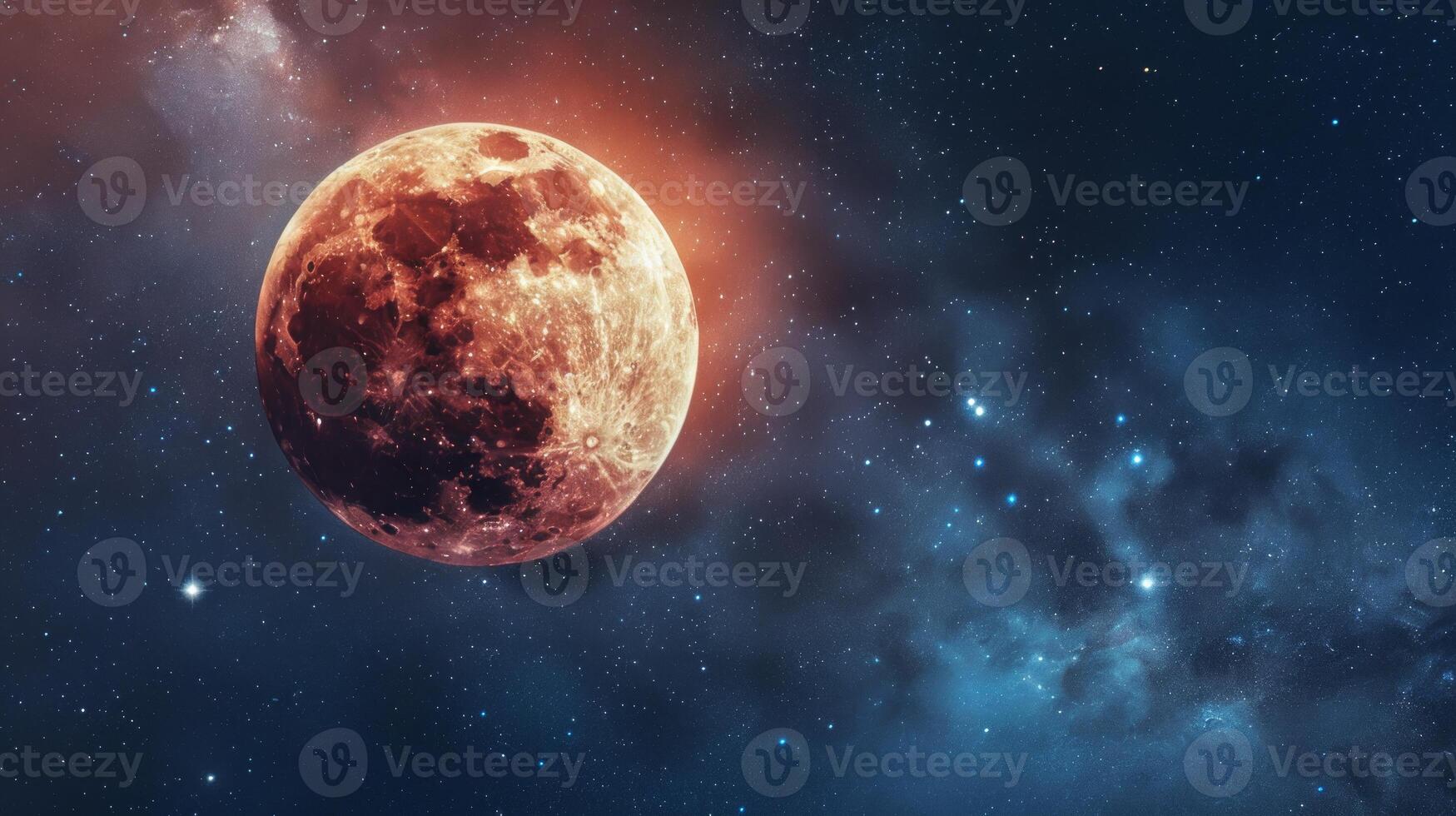 Total lunar eclipse, showing the moon fully enveloped in Earth's umbra, displaying a vivid red hue against the backdrop of a star-filled sky. Concept of celestial event, astronomy, lunar phenomenon photo