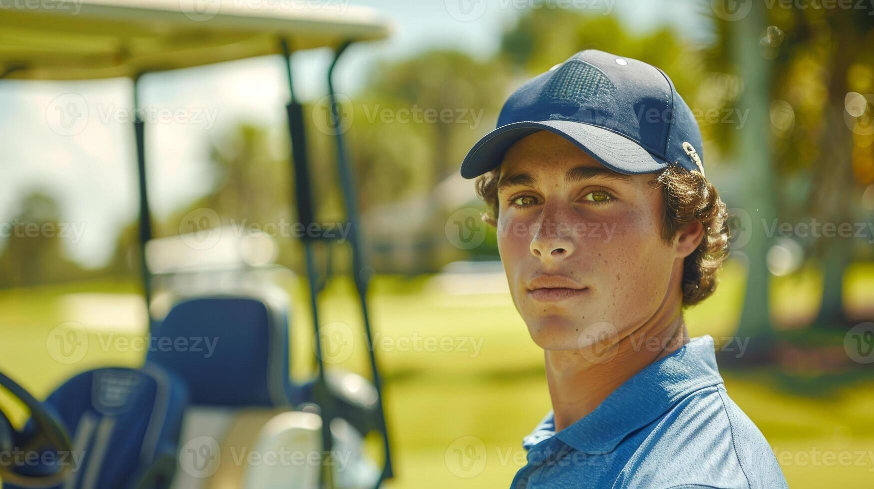 Young male golfer wearing a navy cap on a sunny golf course. Concept of sports, outdoor activity, athletic lifestyle, focus. Golf cart in the background photo