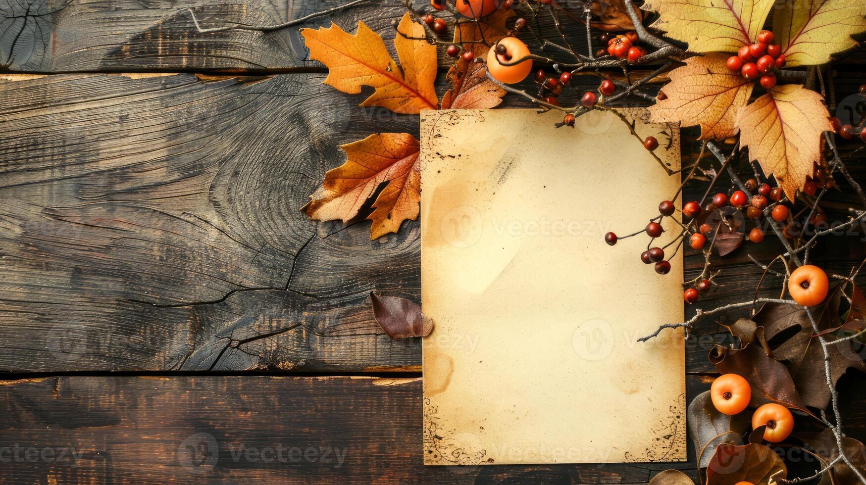 Autumn-inspired flat lay with blank card. Fallen leaves and berries frame the space. Concept of autumn, seasonal greetings, fall designs, and blank canvas. Mockup for design. Copy space photo