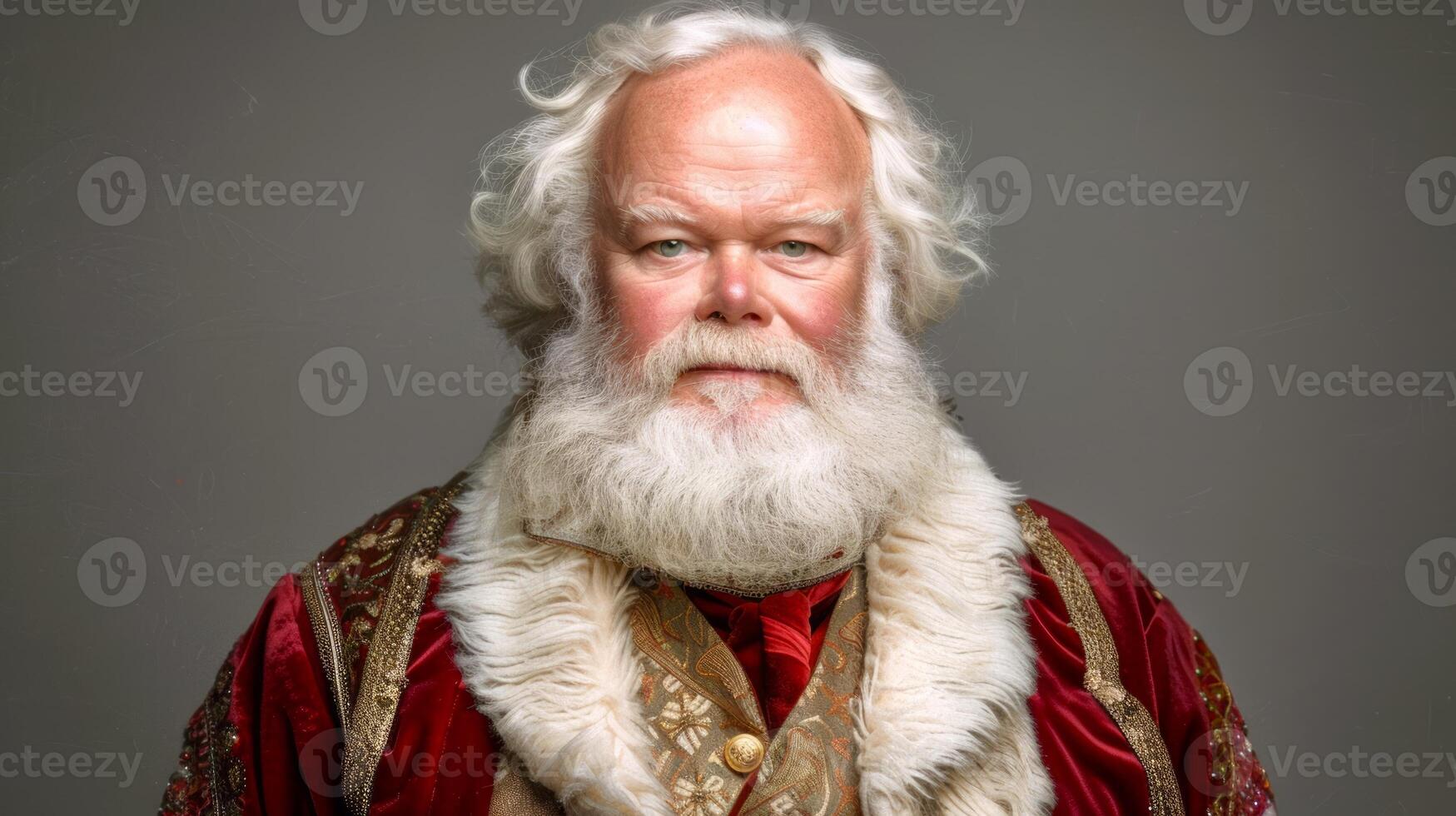 Santa Claus. Elderly Caucasian man with a white beard dressed in festive red and gold attire. Concept of holiday spirit, traditional costume, Christmas, joyful celebration photo