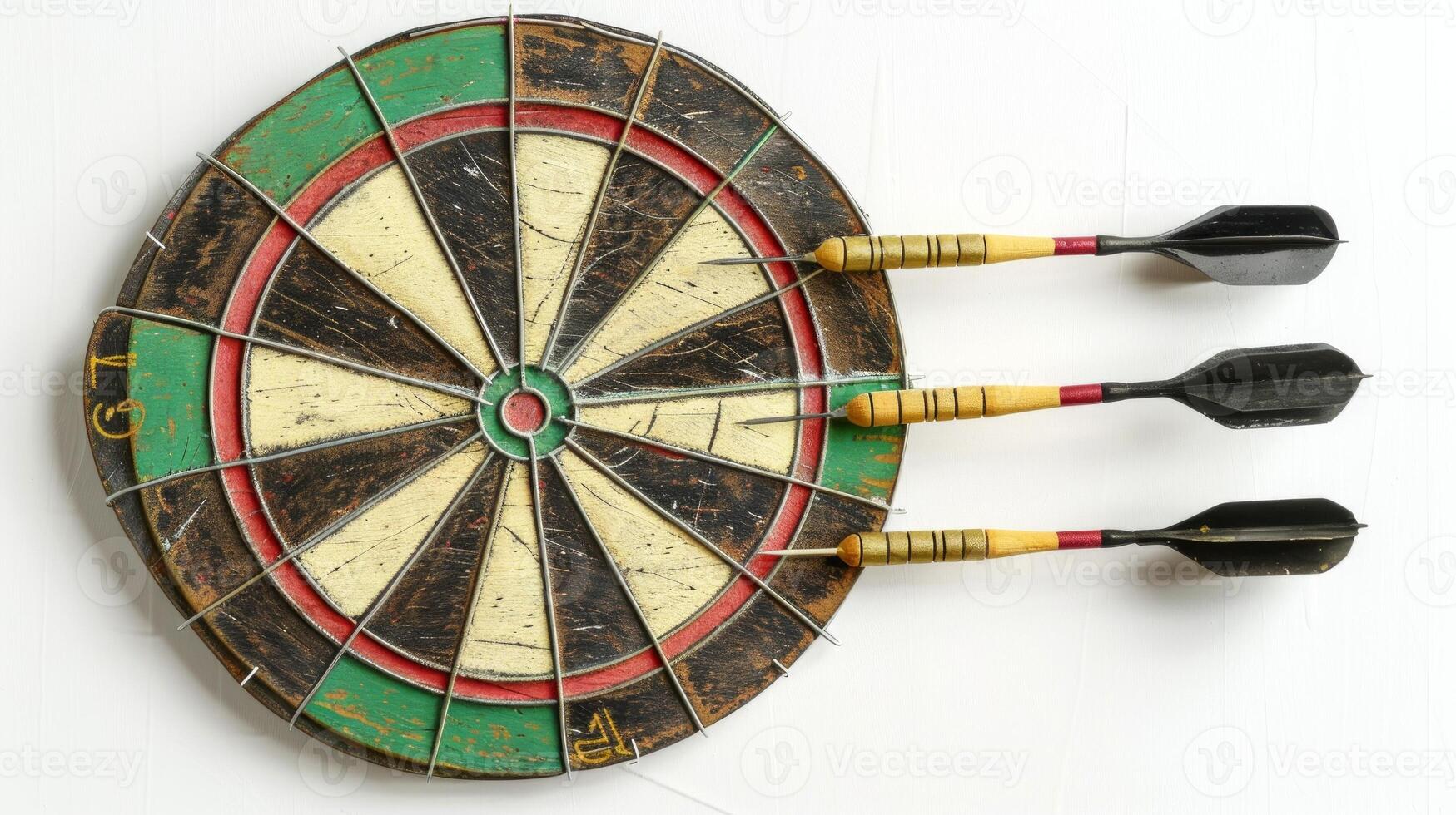 Vintage dartboard with three darts stuck in the bullseye. Concept of accuracy, precision, target practice, game strategy. Isolated on white background photo