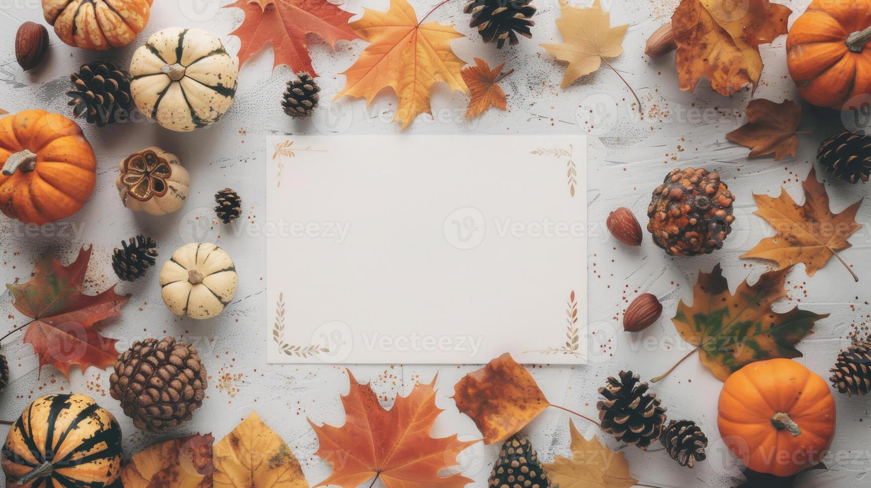 Autumn-themed frame with pumpkins and dry leaves. Fall decoration border around a blank paper. Copy space. Mockup. Concept of autumn harvest, Thanksgiving backdrop, Halloween, festive decor photo