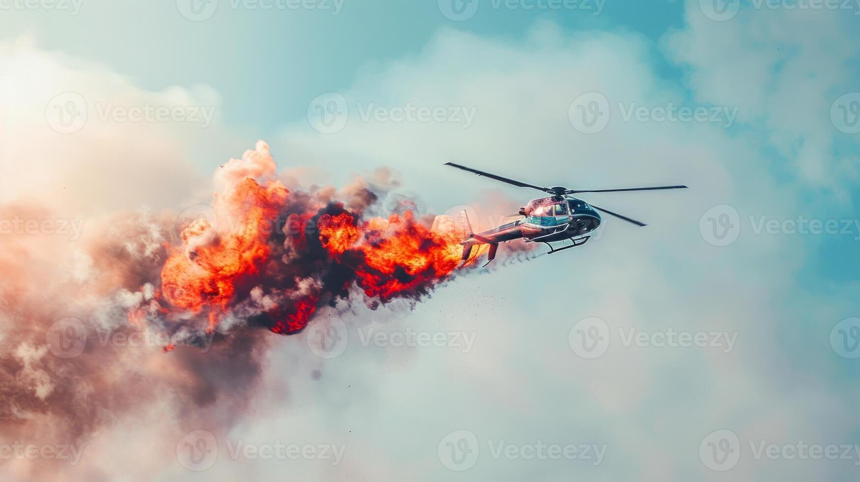 Helicopter in smoky sky during dramatic rescue mission. Airborne chopper in a cloud of smoke. Concept of emergency response, aerial rescue, and aviation photo