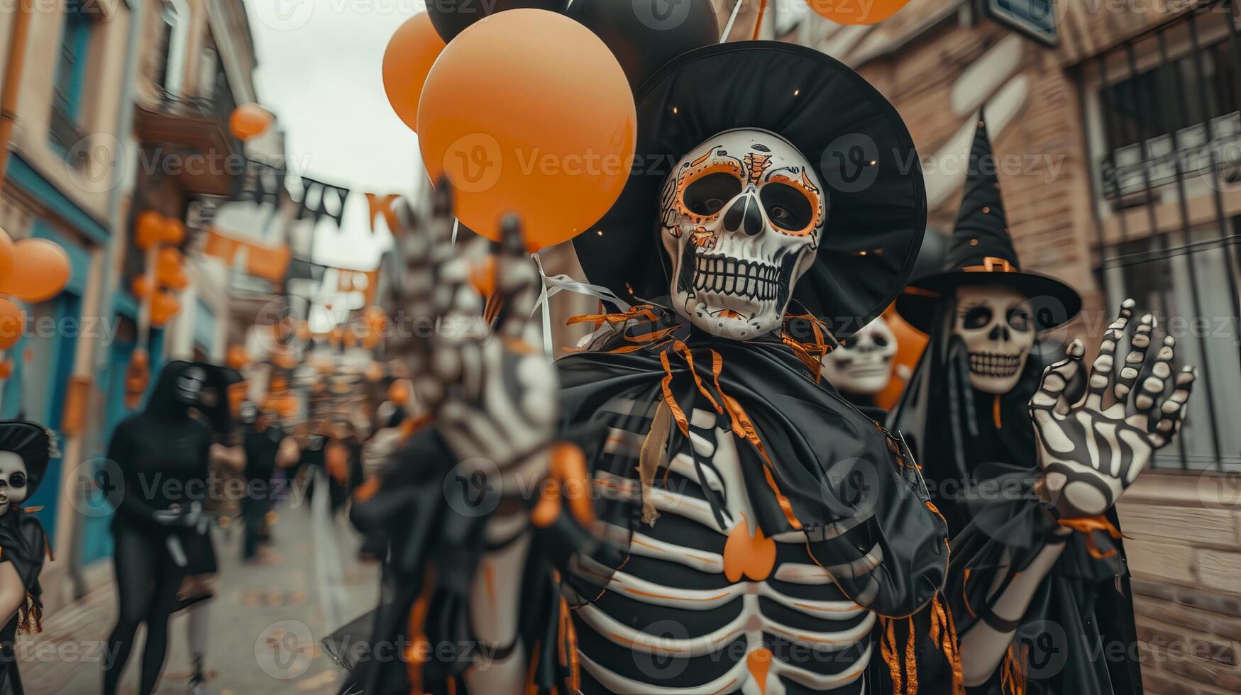 Halloween parade with people in skeleton costumes and orange and black balloons. Concept of festive celebration, costumes, holiday, and crowds photo
