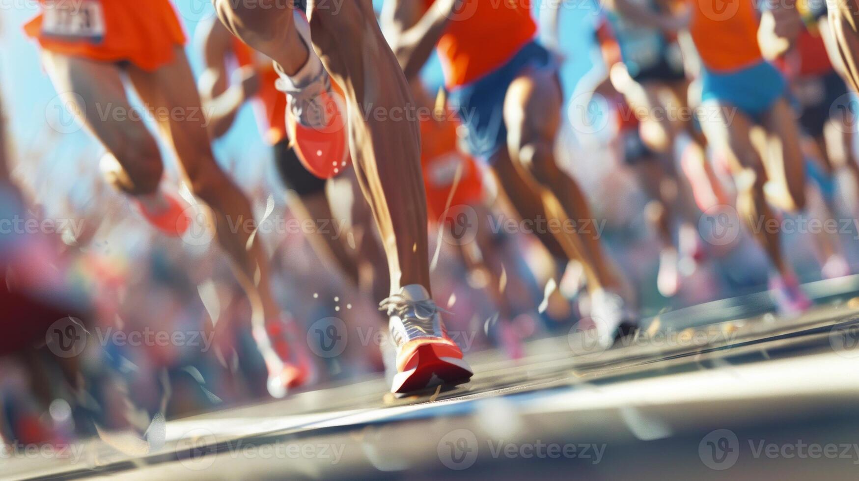 Runners in a marathon race wearing orange attire. Marathon athletes in running gear. Concept of fitness, sports event, outdoor competition, physical endurance photo