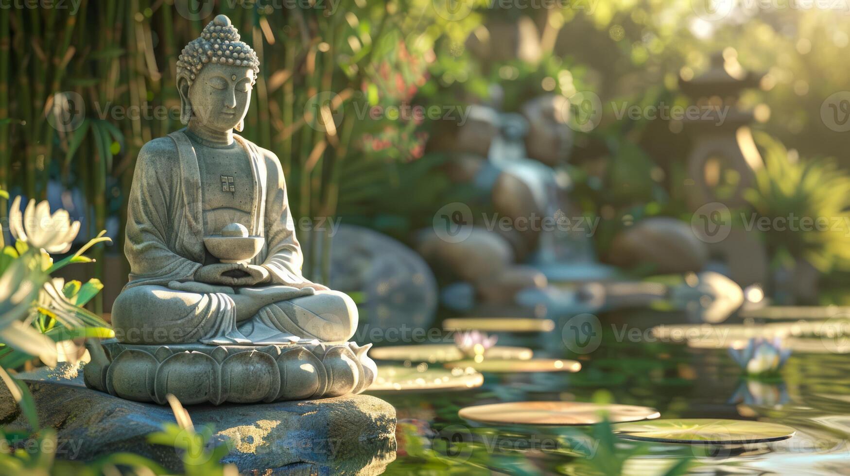 Buddha statue meditating in lotus position in a natural setting. Tranquil Buddhist sculpture in a serene landscape. Concept of Zen, meditation, religion, peace, spiritual awakening. Copy space photo
