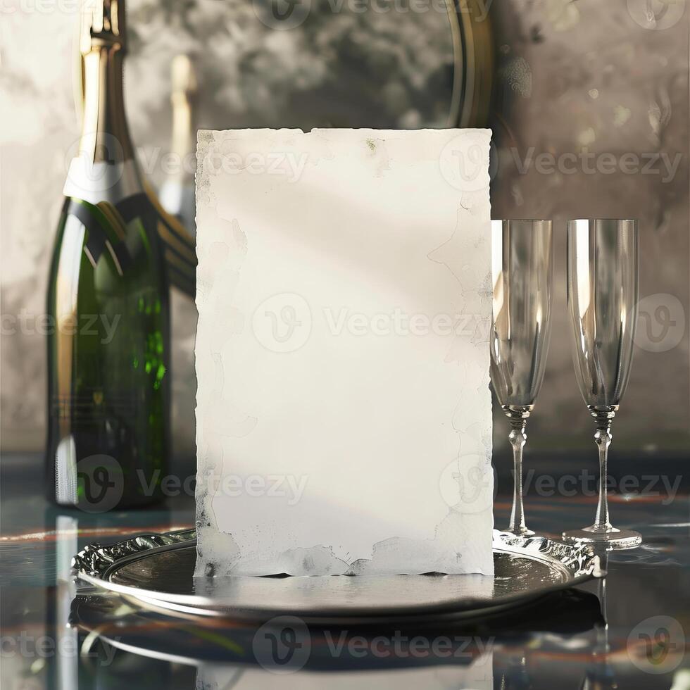 Champagne bottle and flute glasses with blank card for text. Mockup for event invitation or brand promotion. Concept of celebration, luxury drink branding, dining elegance. Copy space. photo