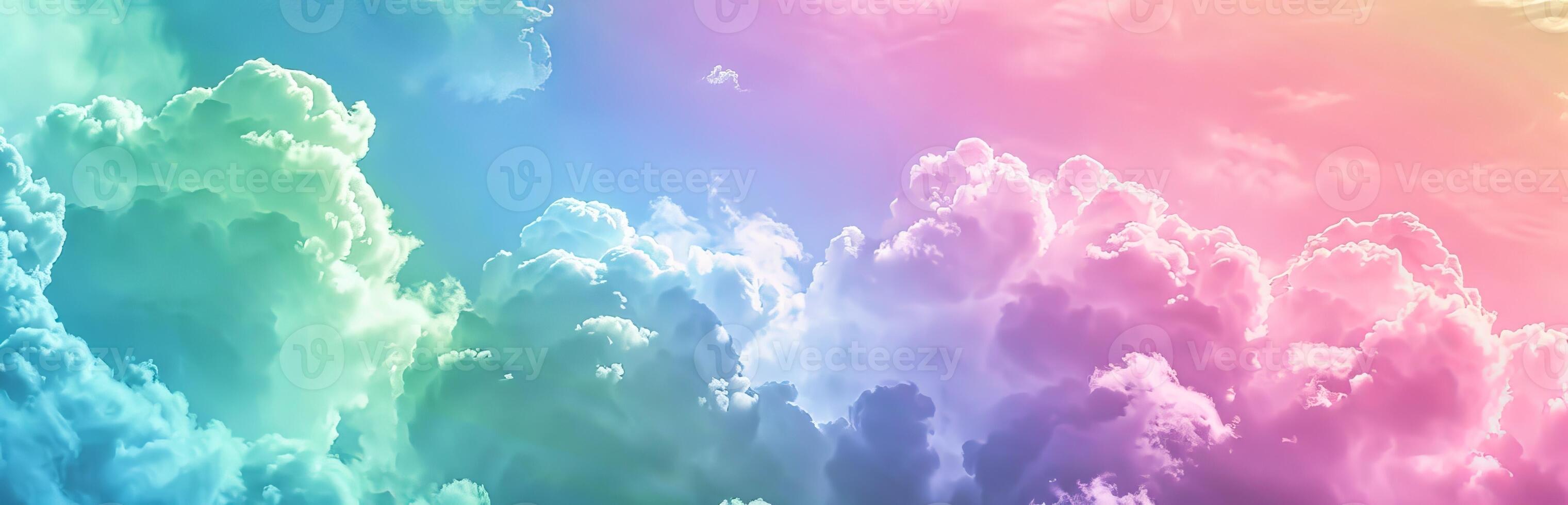Vibrant clouds in sunset sky with pink and blue hues. Nature beauty, serene atmosphere, calmness concept. Rainbow clouds. Beautiful sky background. Heaven. Colorful Cloudscape. Space for text photo