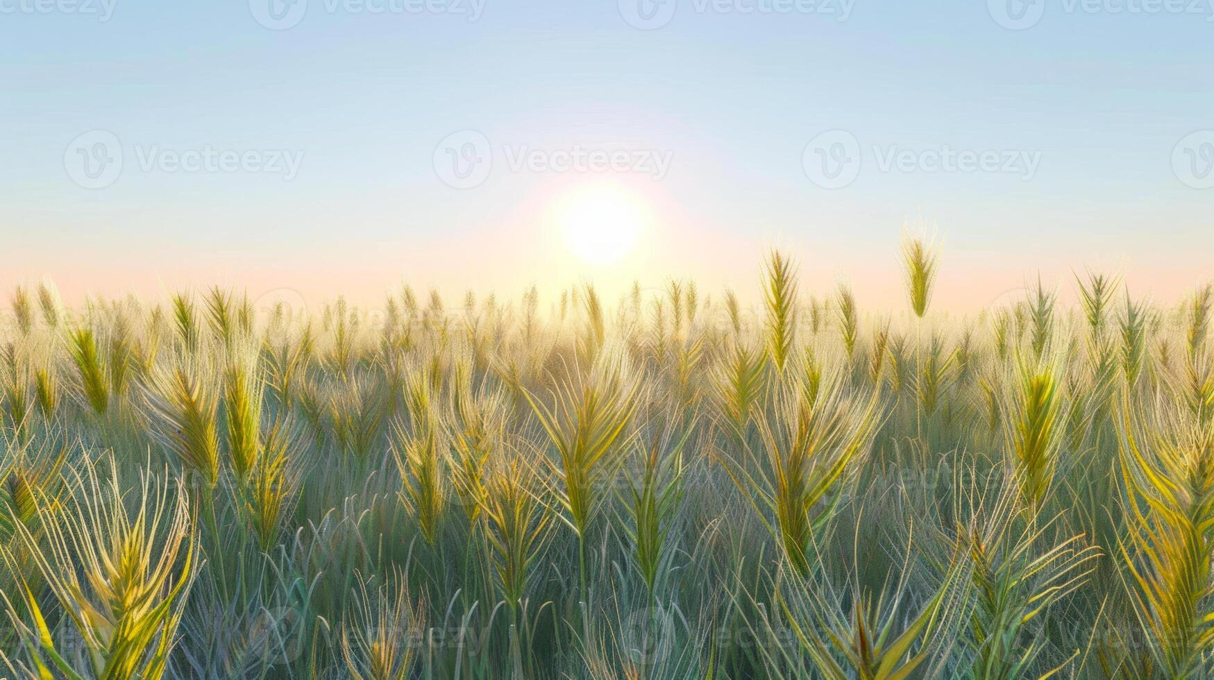 Wheat field under a bright blue sky. Ripening grain stalks in a clear sunny environment. Concept of agriculture, harvest, farming, and food production photo