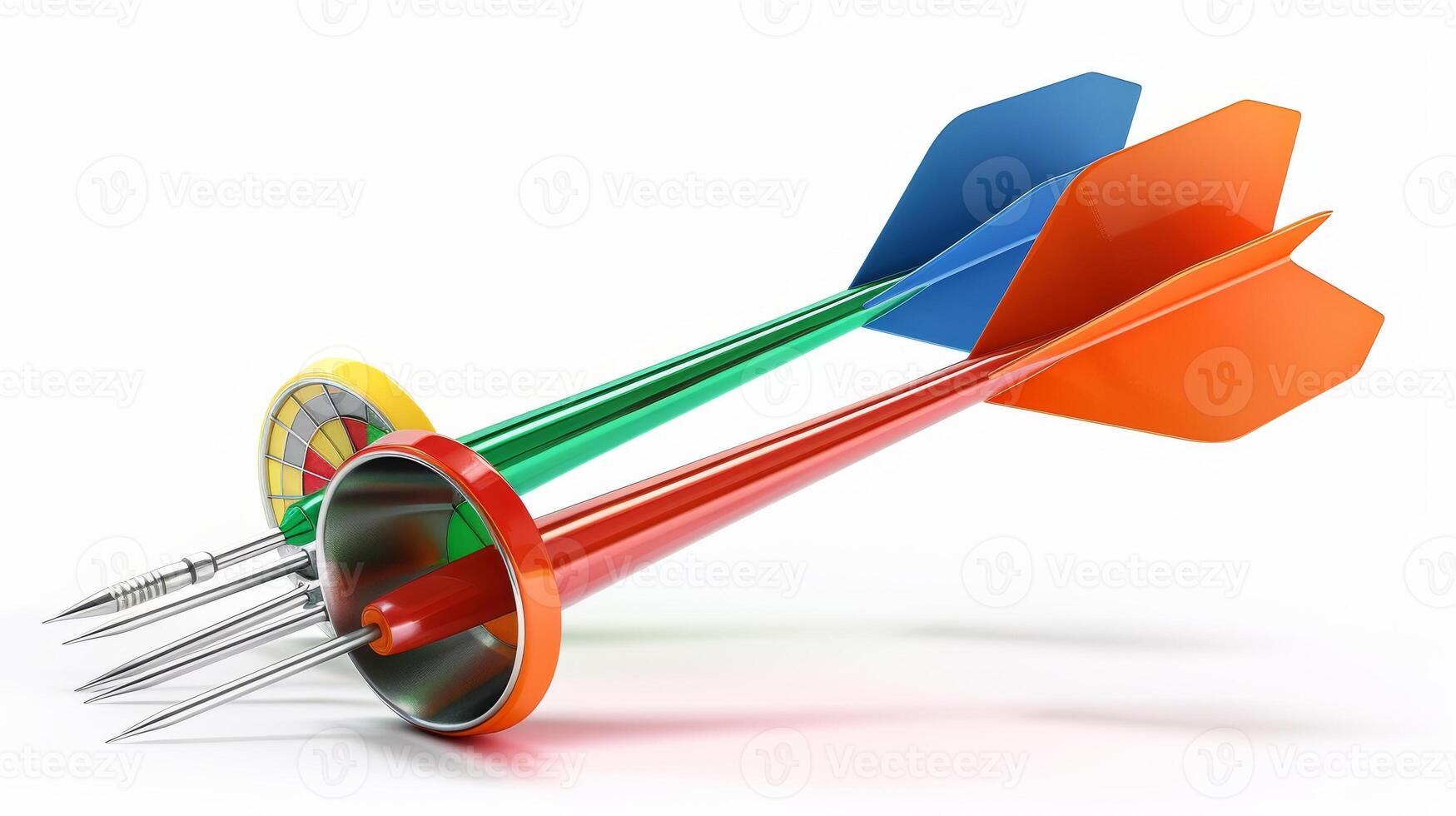 Colorful darts on a white background. Concept of precision sports, accuracy, target practice, game activity. Isolated on white background photo