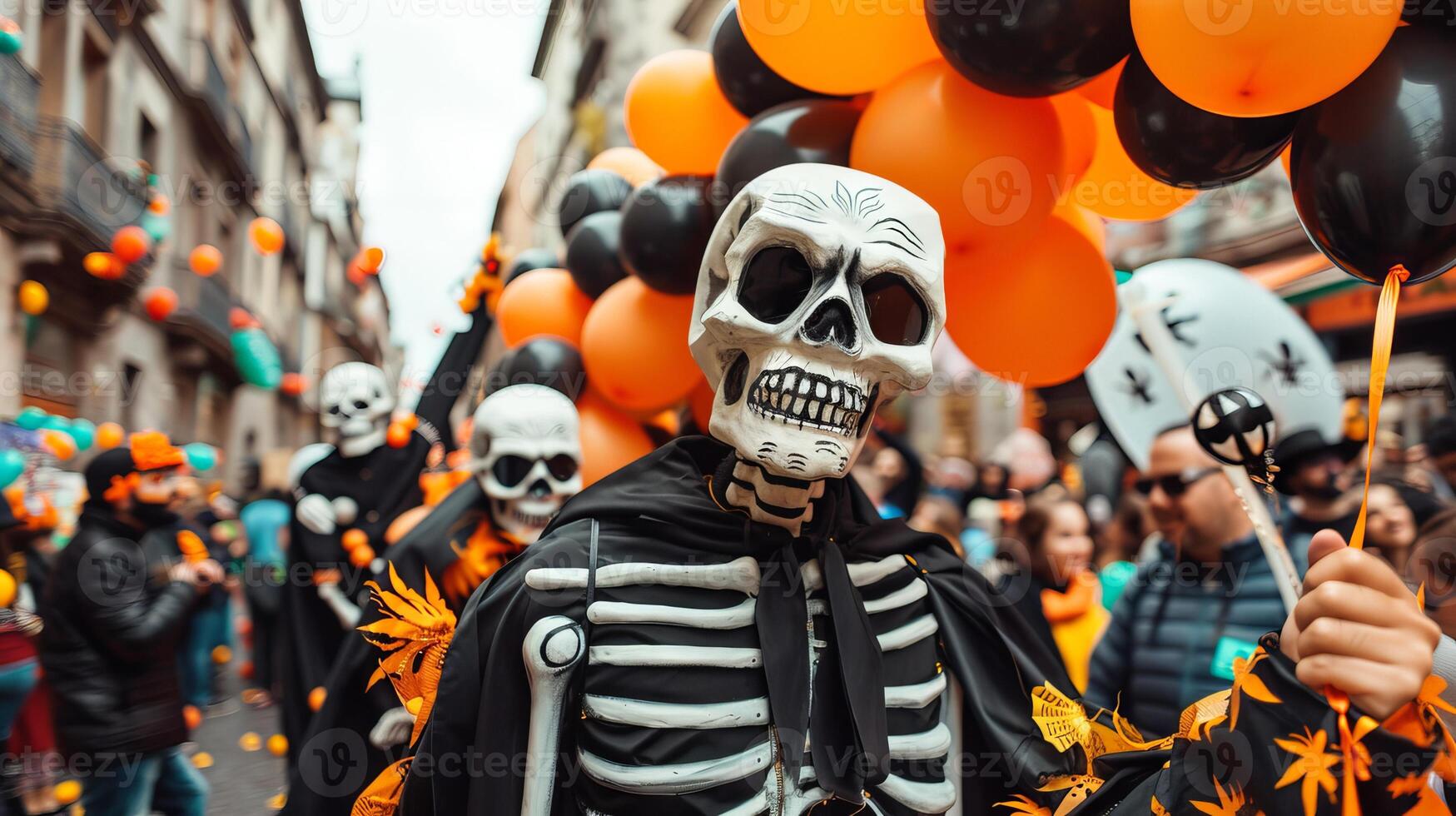 Halloween parade with people in skeleton costumes and orange and black balloons. Concept of festive celebration, costumes, holiday, and crowds photo