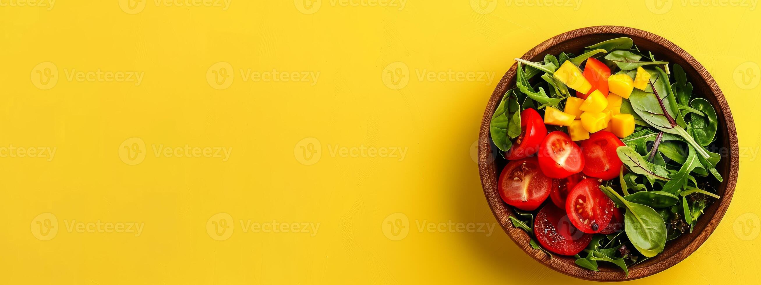 Wooden bowl of fresh salad with tomatoes spinach and bell peppers on yellow background. Vegetables, healthy eating, food nutrition, diet concept. Banner. Copy space. Foods for healthy heart photo