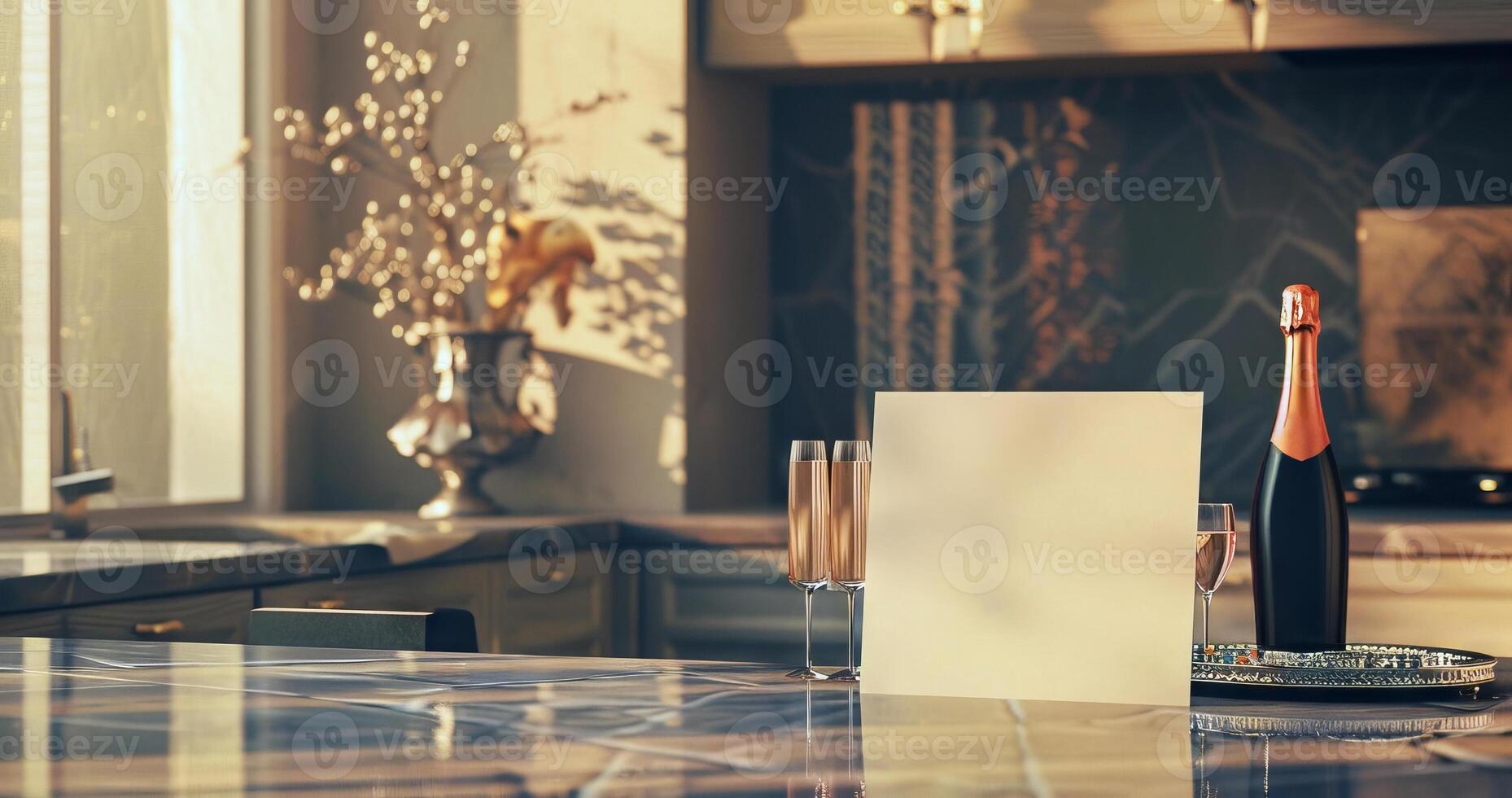 Champagne bottle and flute glasses near blank card with space for text. Mockup for event invitation, brand promotion. Concept of luxury drink branding, dining elegance, gala events. Copy space. photo