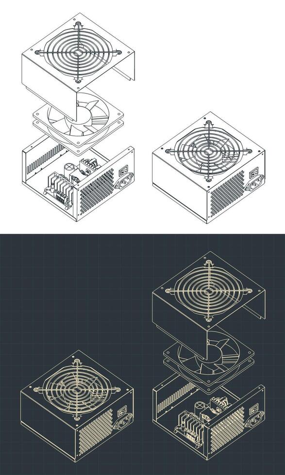 Disassembled PSU isometric blueprints vector