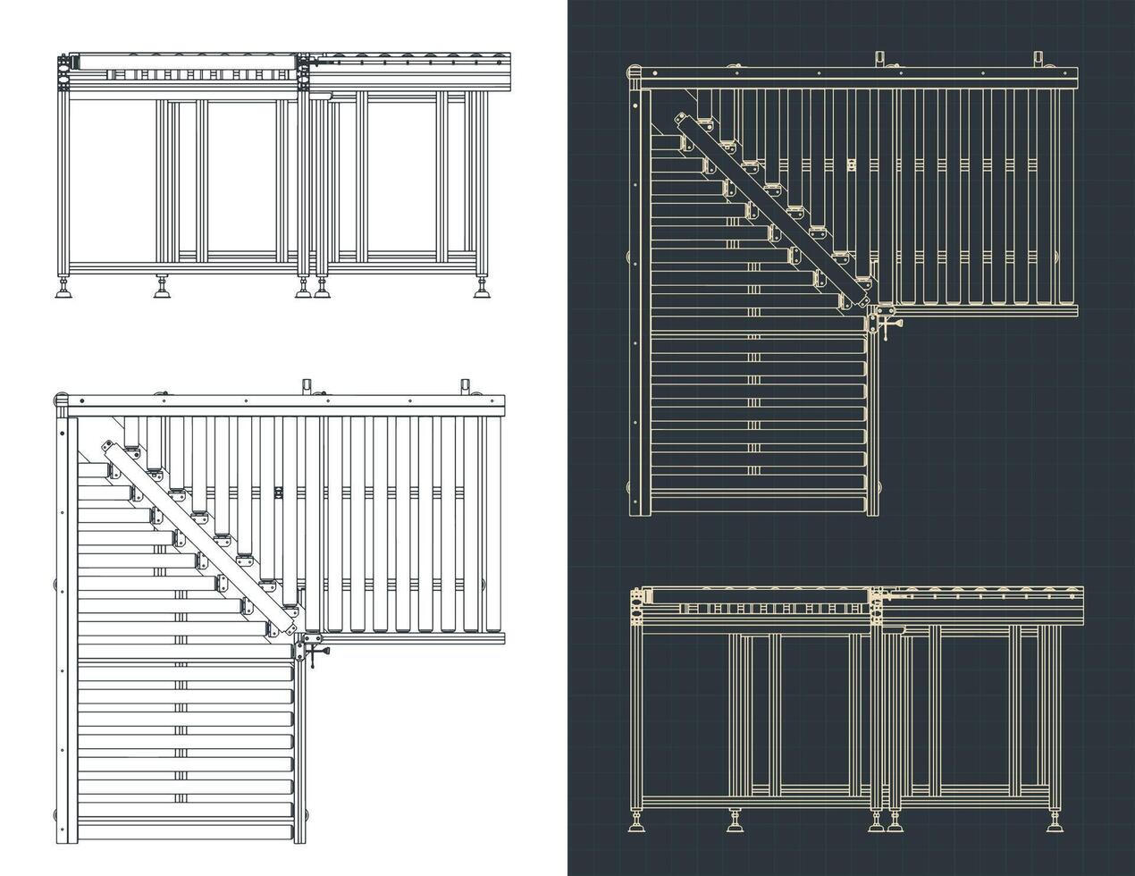 Corner section of roller conveyor blueprints vector
