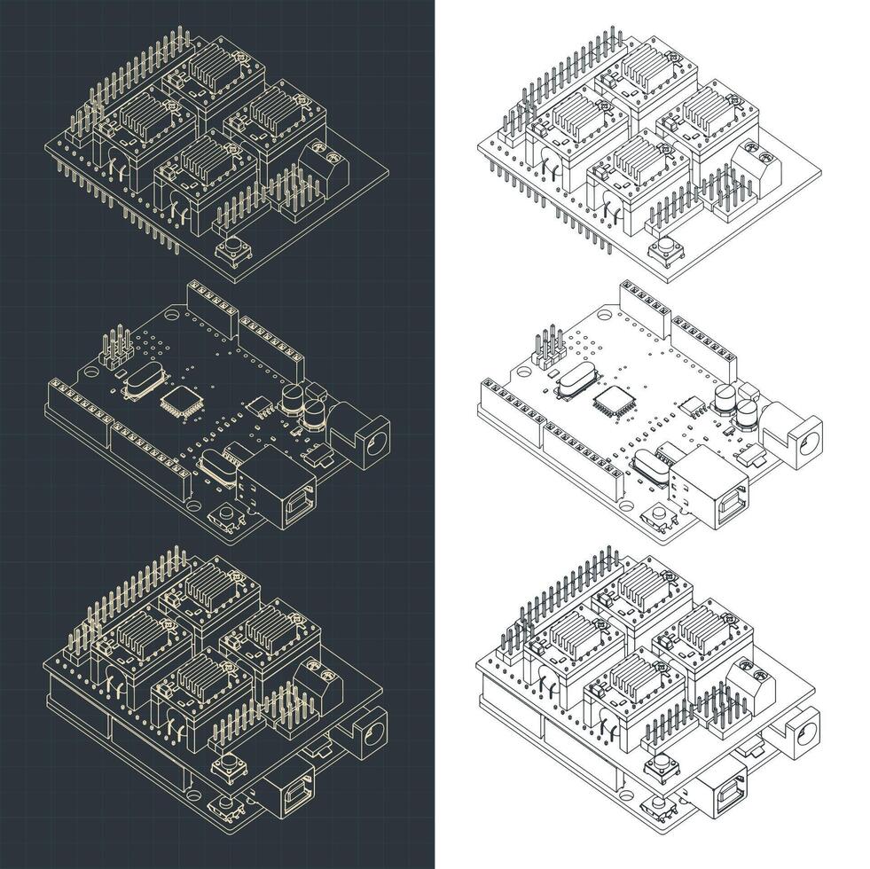 Arduino Uno and CNC shield drawings vector