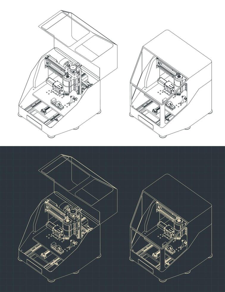 CNC milling isometric blueprints vector